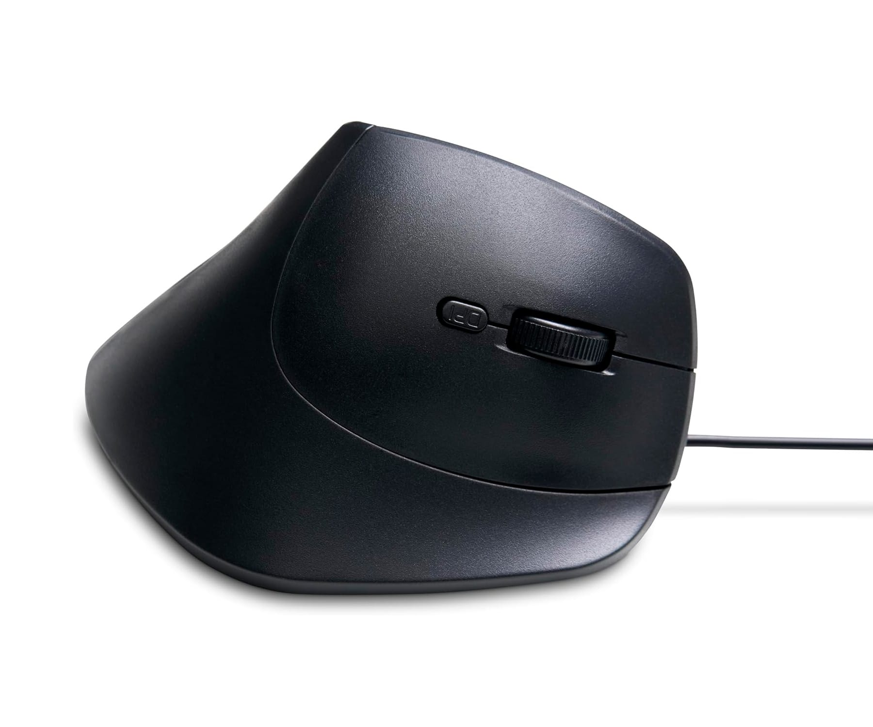 Un mouse ergonomico nero con design verticale, rotella di scorrimento e pulsante DPI, su sfondo bianco.