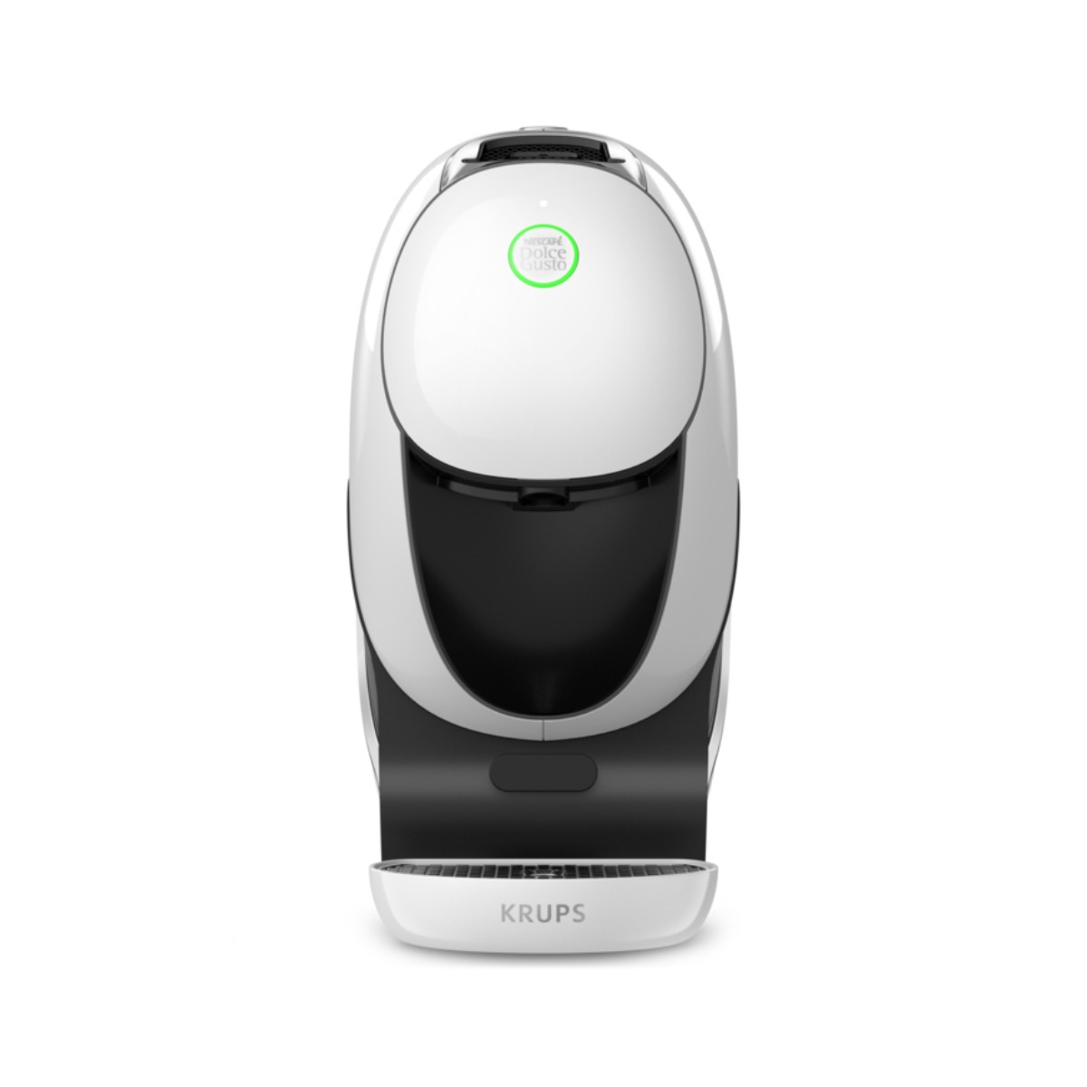 Una macchina da caffè Krups Dolce Gusto bianca e nera. La macchina ha un design arrotondato e il logo è visibile.