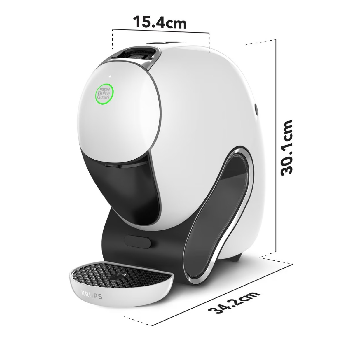 Una macchina da caffè Krups Dolce Gusto bianca e nera. Dimensioni: 15,4 cm larghezza, 30,1 cm altezza, 34,2 cm profondità. Ha un vassoio.