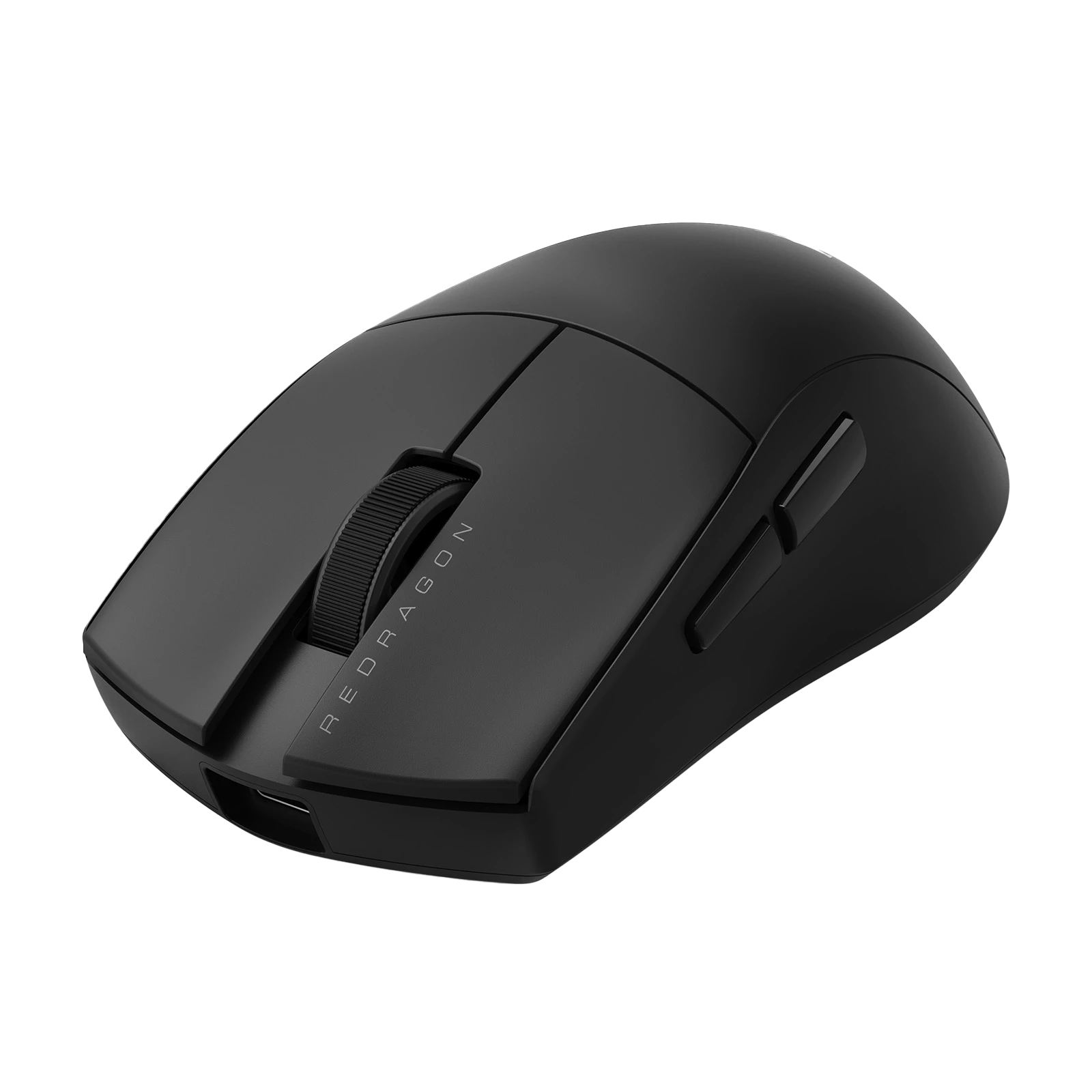 Viene mostrato un mouse da gioco Redragon nero. Ha una rotella, pulsanti laterali e il nome del marchio.