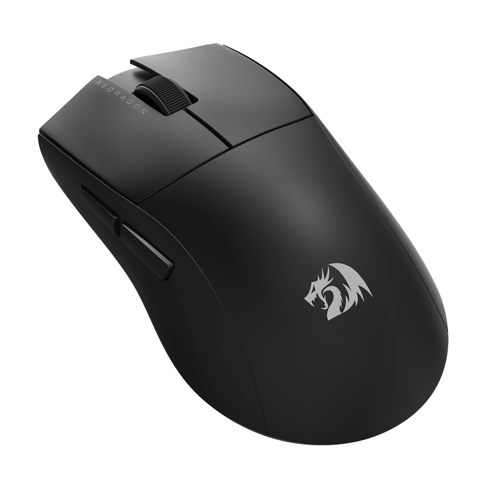 Un mouse da gioco wireless nero. Ha una rotella di scorrimento e pulsanti laterali. Il marchio è stampato.