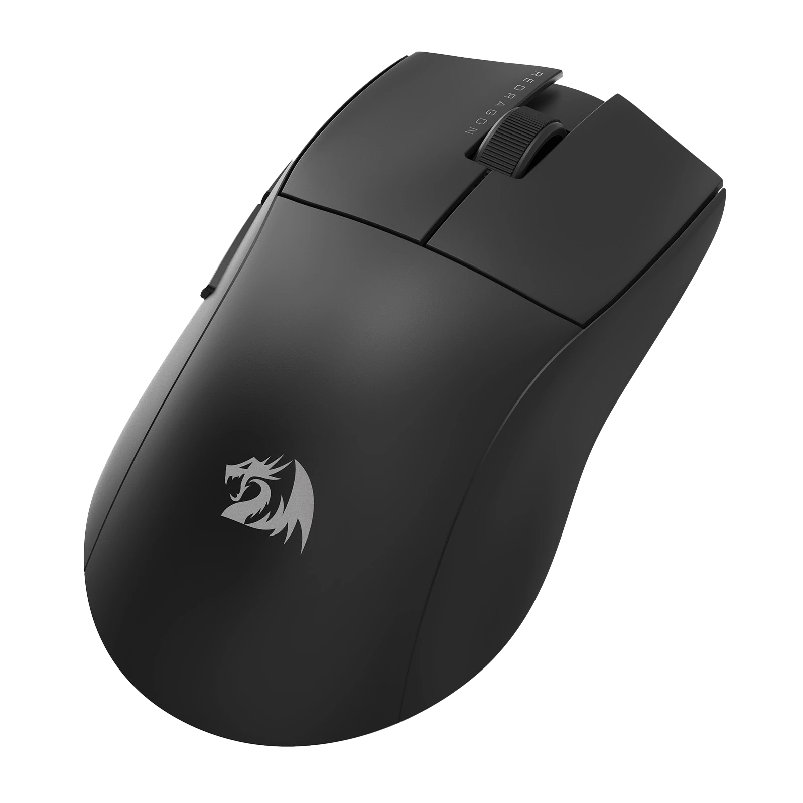 Mouse wireless Redragon nera. Ha una rotella di scorrimento, pulsanti e un logo del drago. Lo sfondo è bianco.