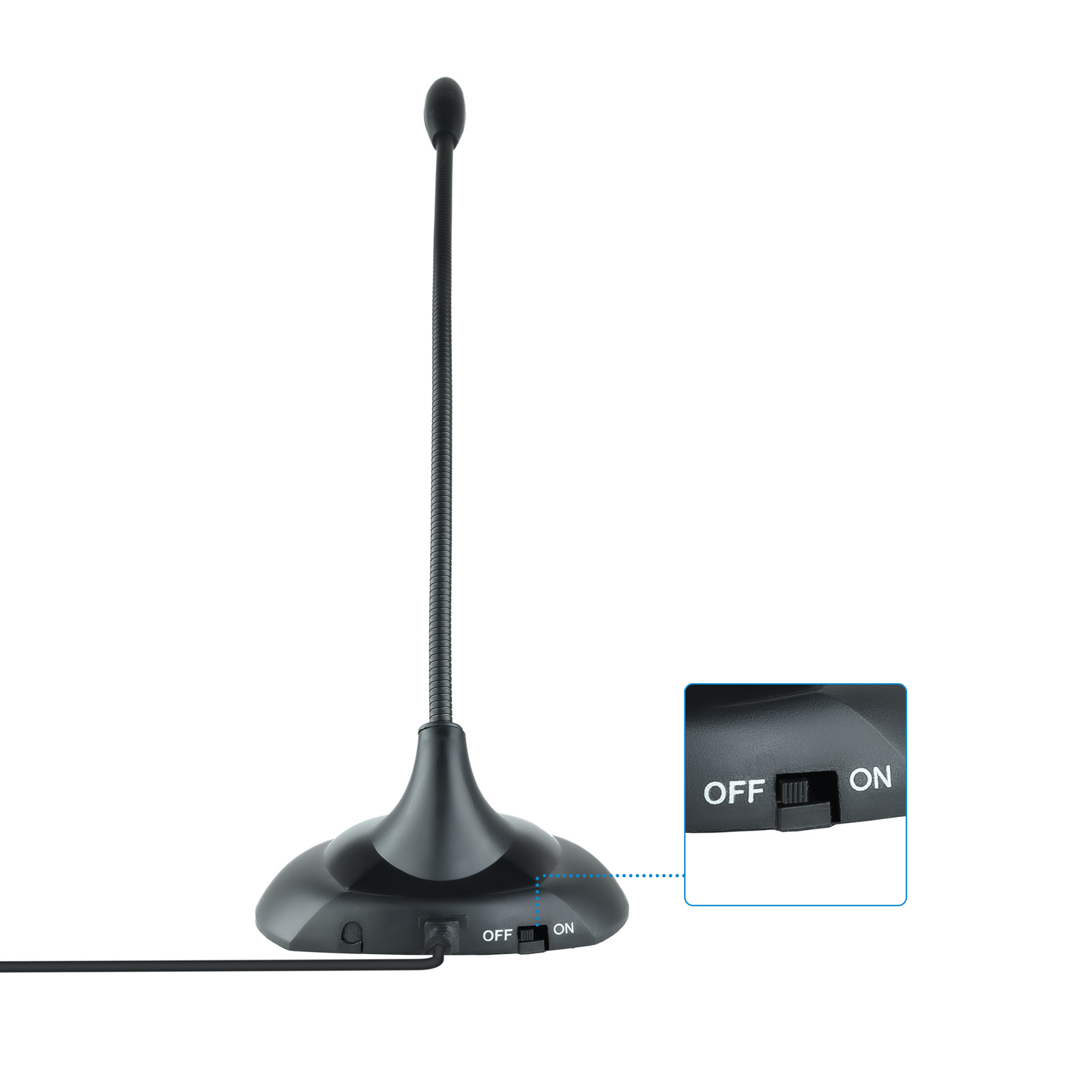 Czarny mikrofon z elastyczną szyjką, na czarnej podstawie. Podstawa ma włącznik/wyłącznik i małą wstawkę.