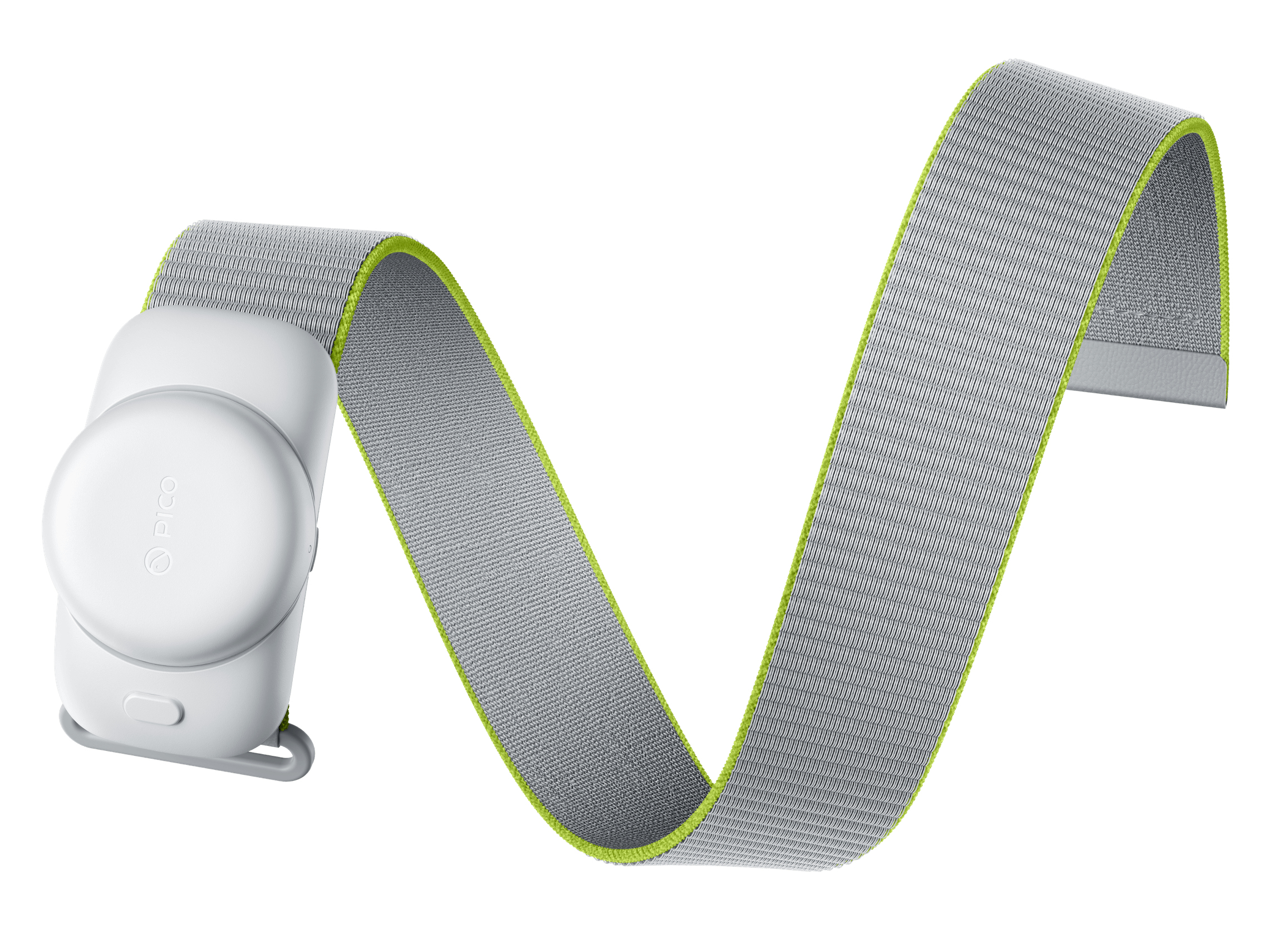 Białe urządzenie Pico z szarym paskiem, obrysowanym na zielono. Pasek zakrzywia się w kształt 'N' na białym tle.