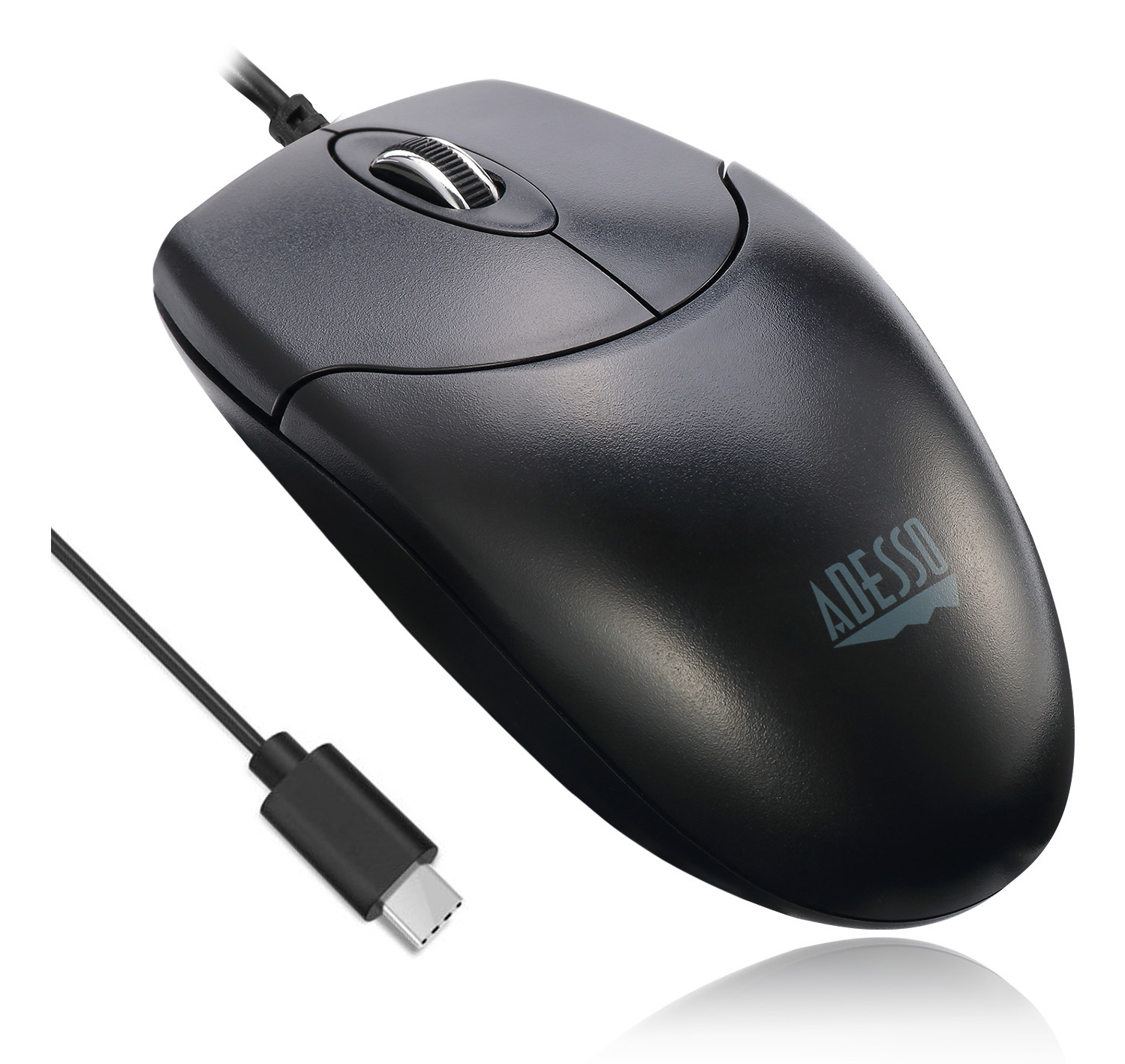 Un mouse per computer nero con rotella di scorrimento e connettore USB-C. Il mouse ha il logo ADESSO. È su sfondo bianco.