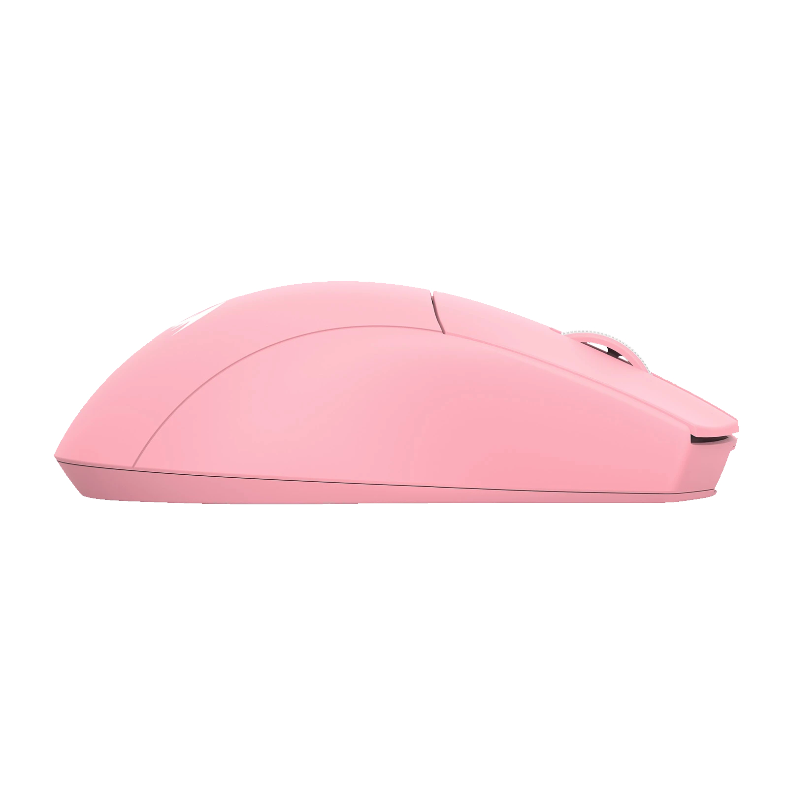 Pink computer mouse. Side view shows buttons, scroll wheel and a curved shape on a white background.