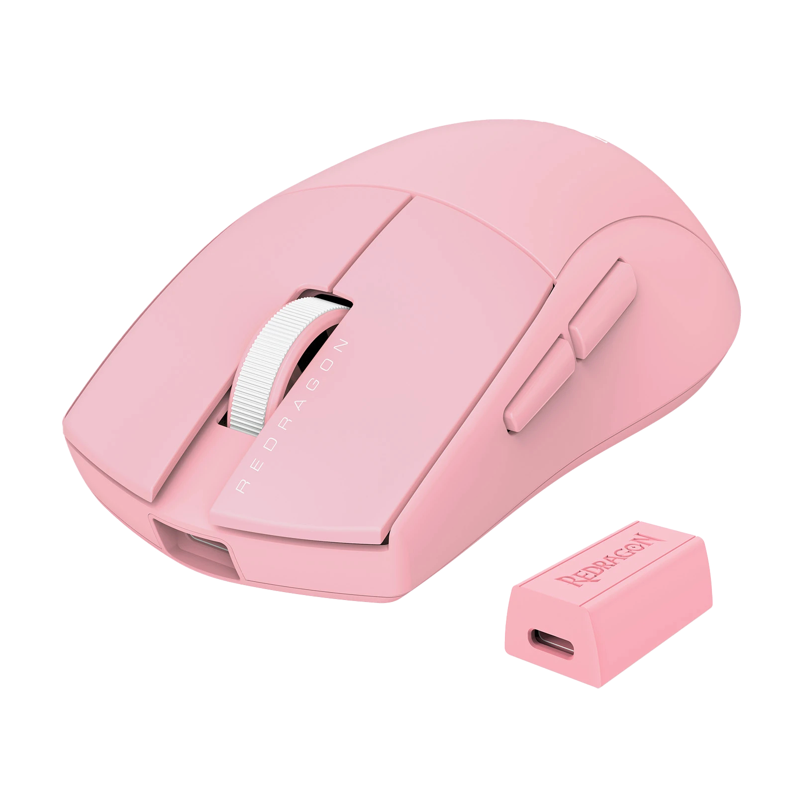 Pink Redragon wireless mouse and a USB receiver. The mouse has a scroll wheel and side buttons. The receiver is also pink.