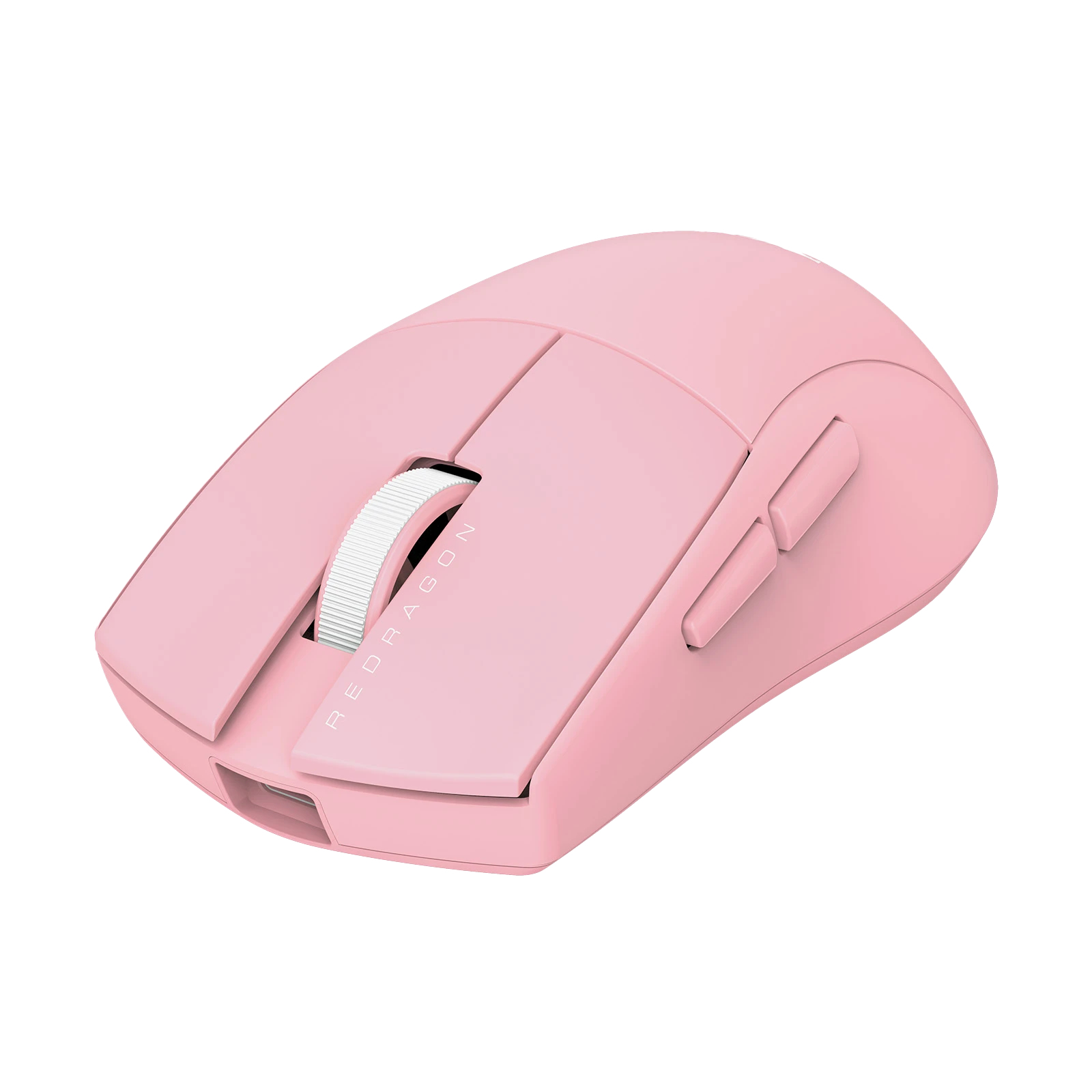 A pink Redragon mouse with white scroll wheel. The mouse has two buttons and a logo. White background.