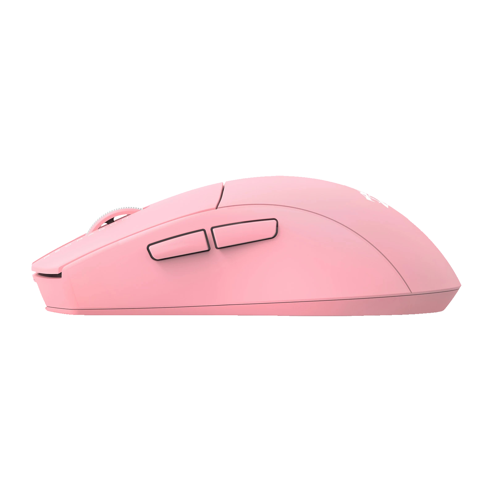 A pink computer mouse with two black buttons on the side, a scroll wheel, and a smooth, ergonomic design.