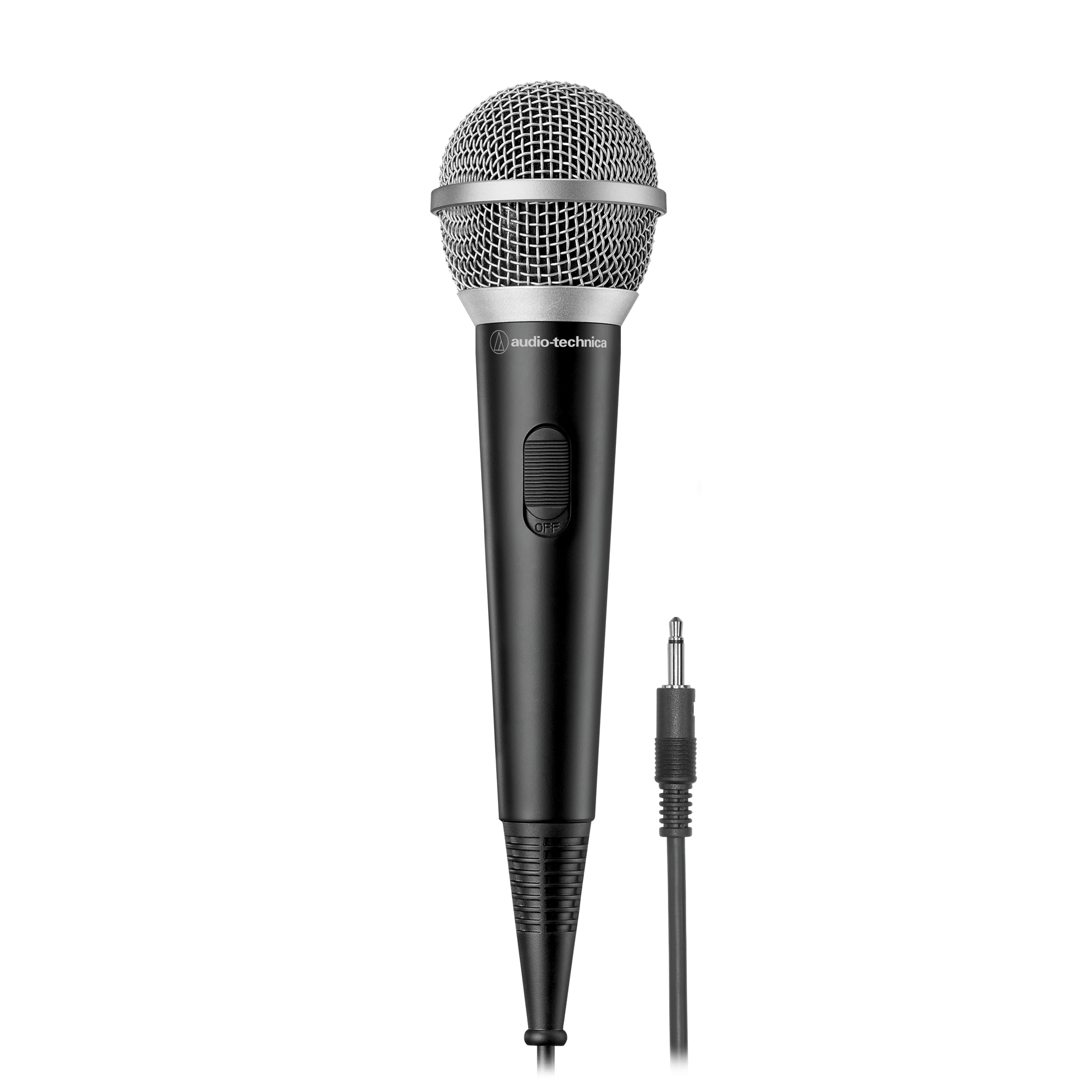 Un micrófono negro Audio-Technica con cabeza de malla plateada y un cable con conector en un fondo blanco.