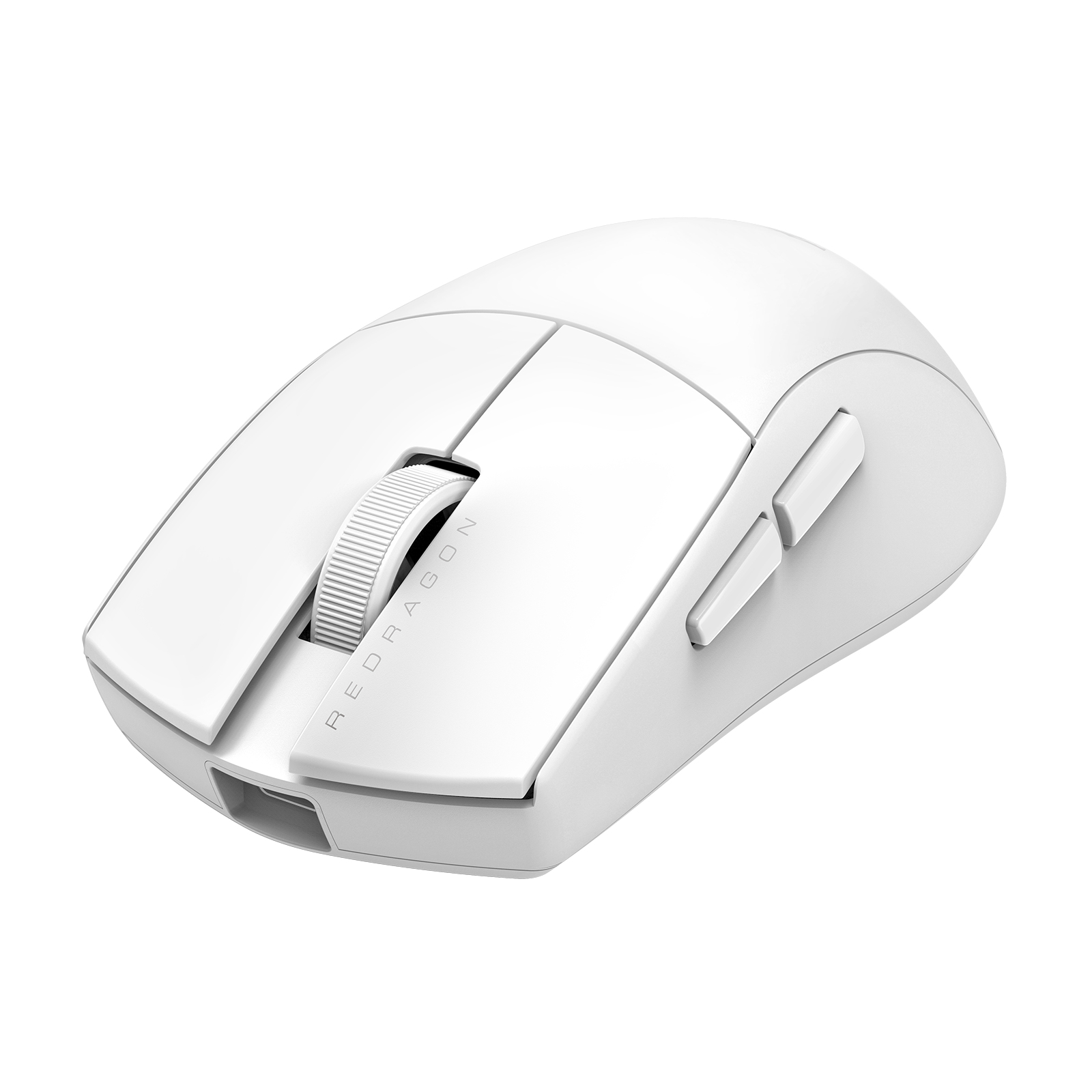 Souris gaming Redragon blanche sur fond blanc. Comprend une molette, des boutons latéraux et le logo Redragon.