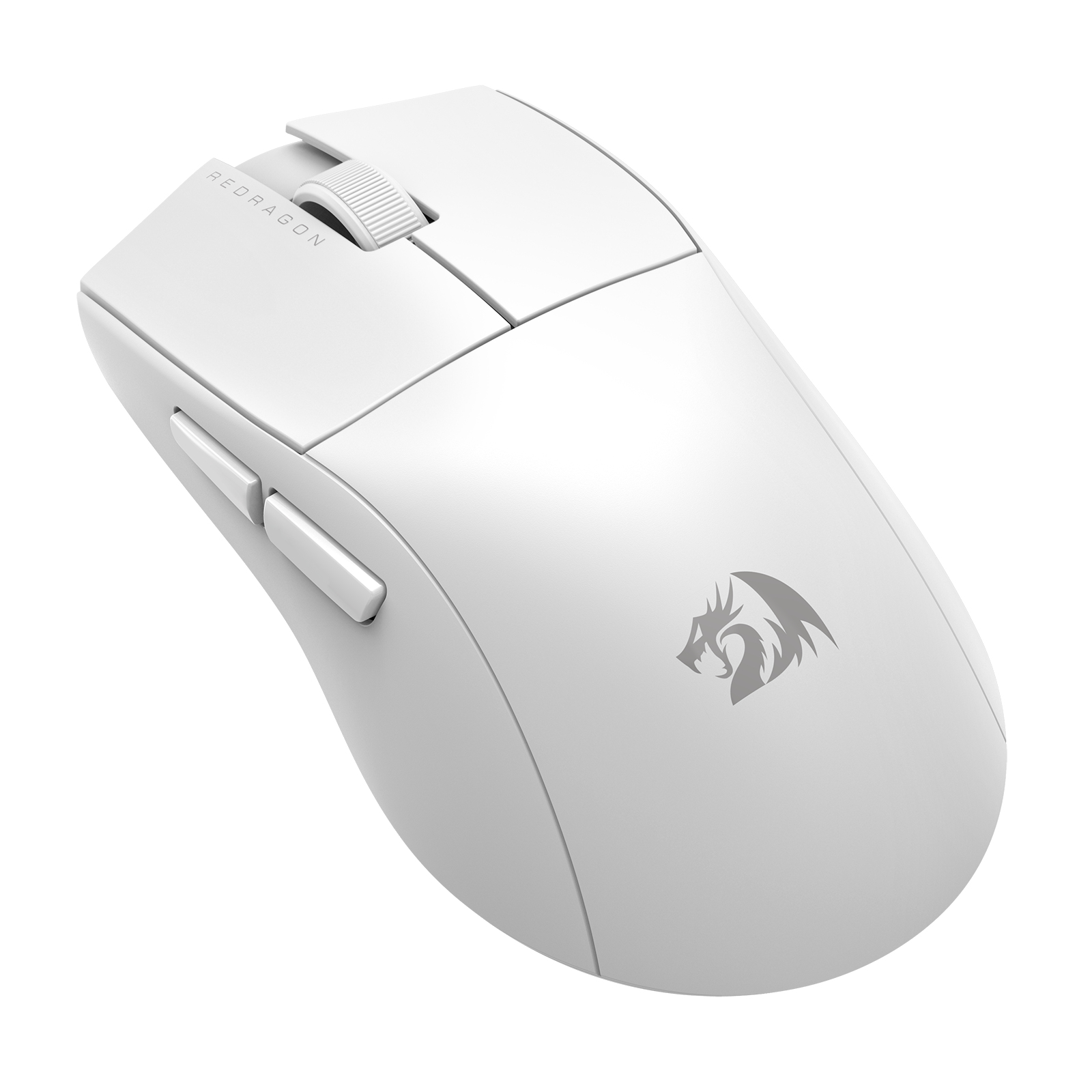 Souris gaming Redragon blanche. Dispose d'une molette, boutons latéraux et logo. Design épuré sur fond blanc.