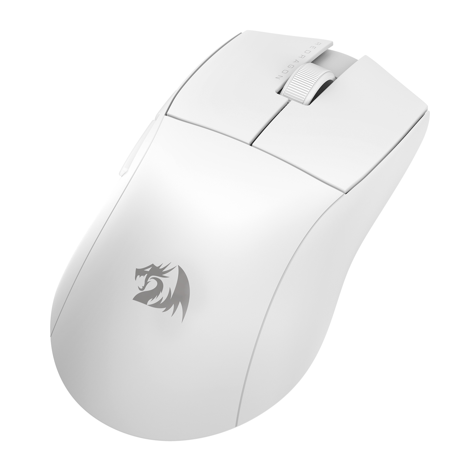 Une souris sans fil Redragon blanche. Elle possède une molette et des boutons. Le logo Redragon est visible sur sa surface.