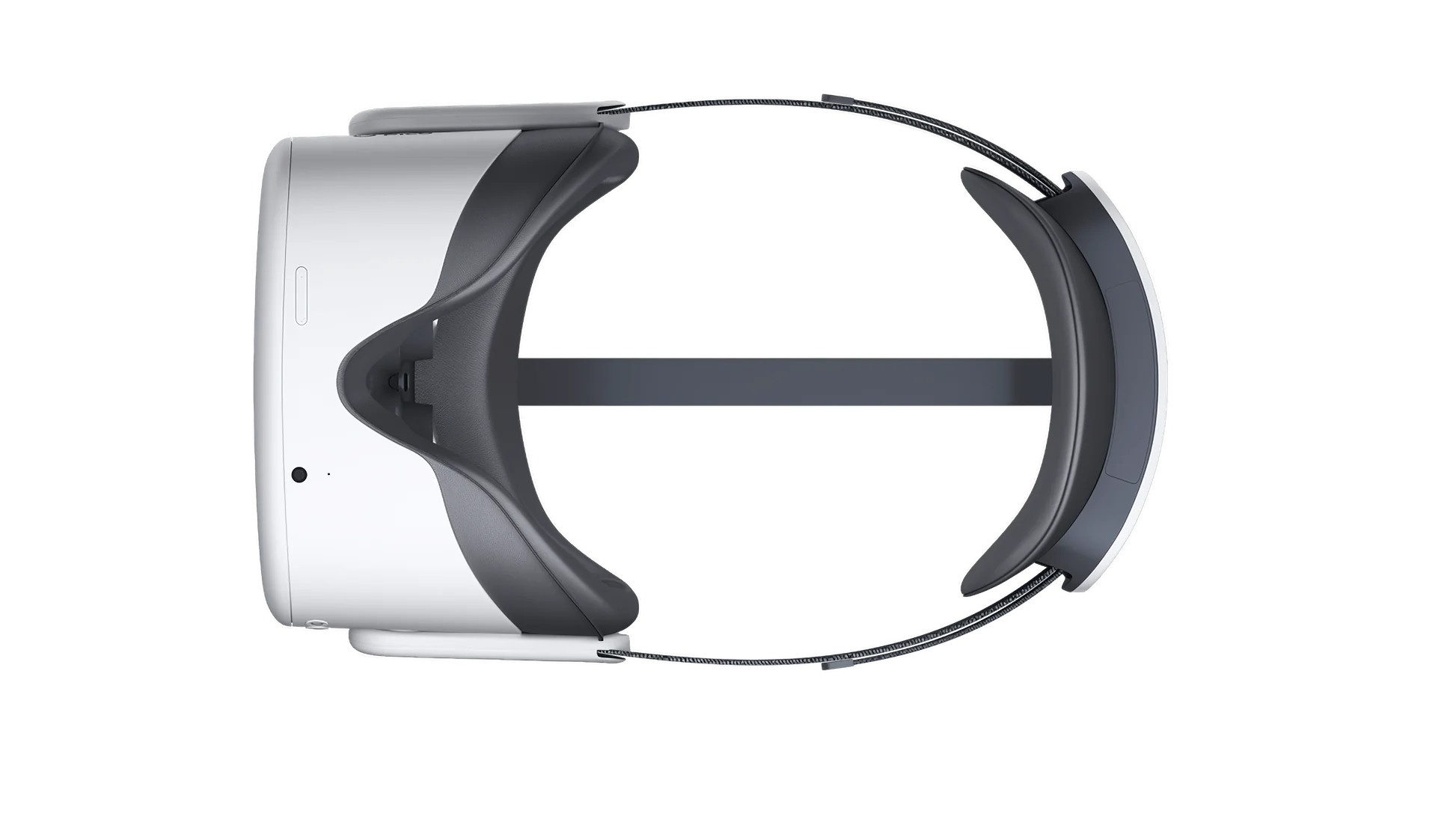 Widok z góry na biały zestaw VR z szarymi akcentami i czarnym tłem. Zestaw słuchawkowy ma pasek na głowę.