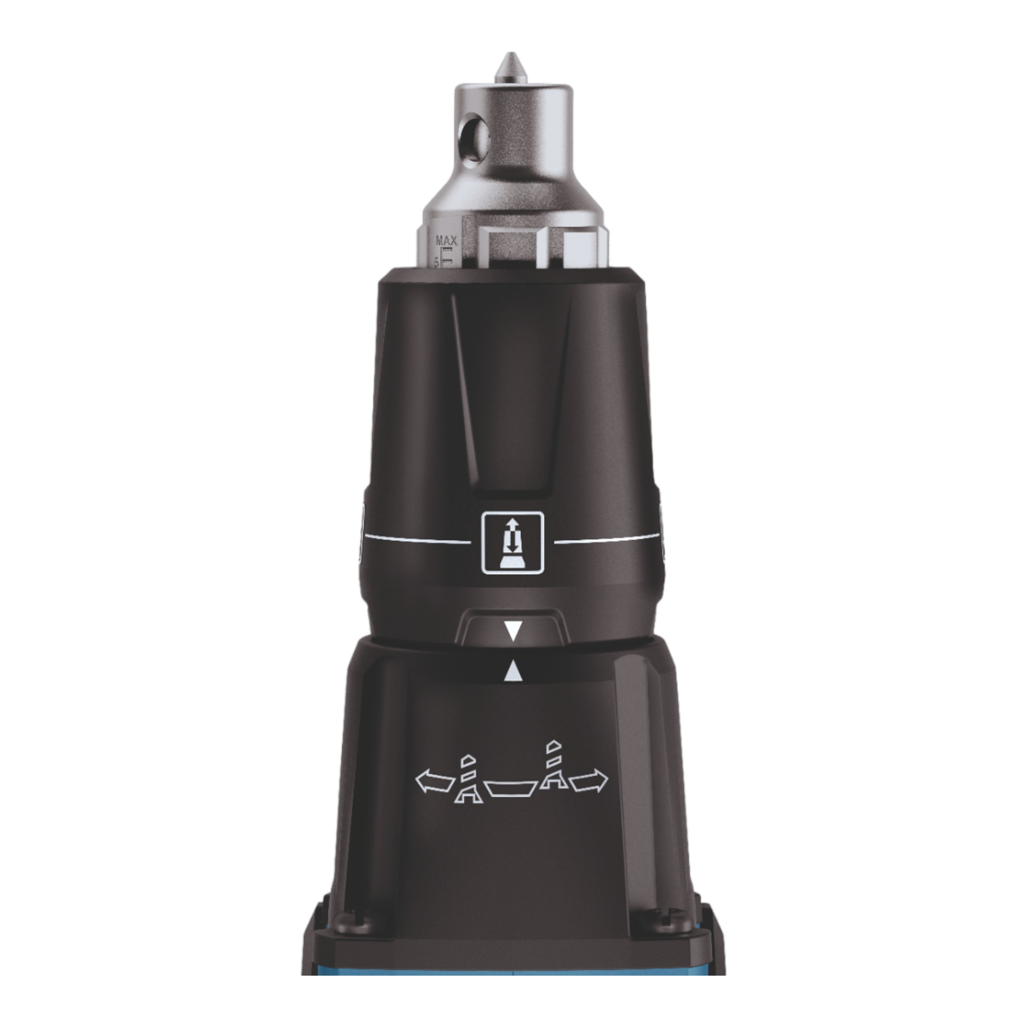 Czarno-srebrne narzędzie z ostrym końcem, strzałkami i białymi symbolami na białym tle.