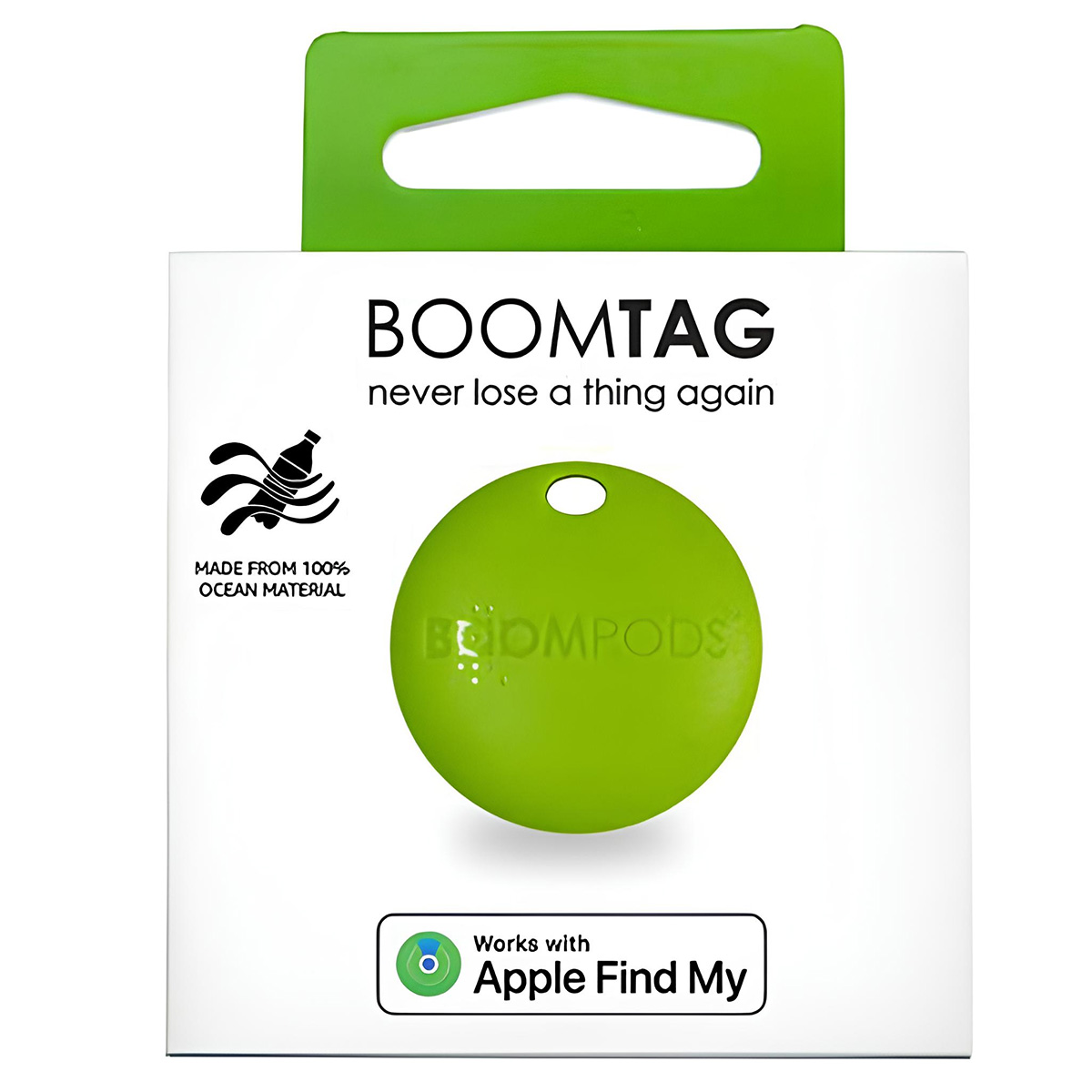 Zielony BoomTag z dziurą, w białym pudełku. Mówi "nigdy więcej nie zgub rzeczy". Współpracuje z Apple Find My.
