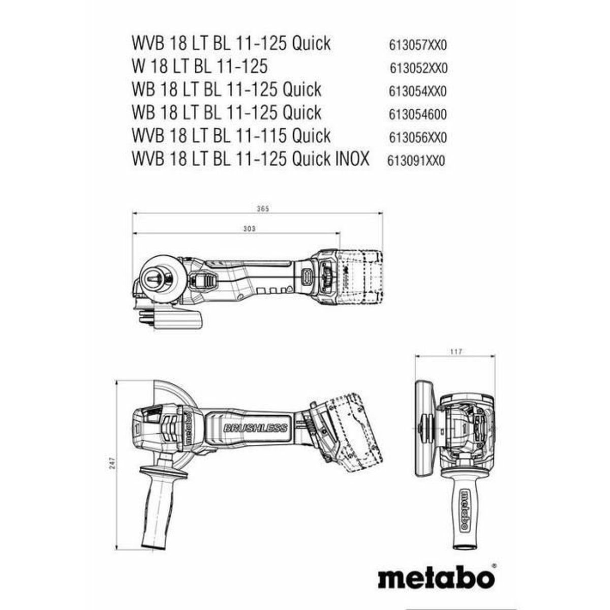 Rysunek techniczny elektronarzędzi Metabo z wymiarami i kodami produktów. Zawiera szlifierkę i inne narzędzia.