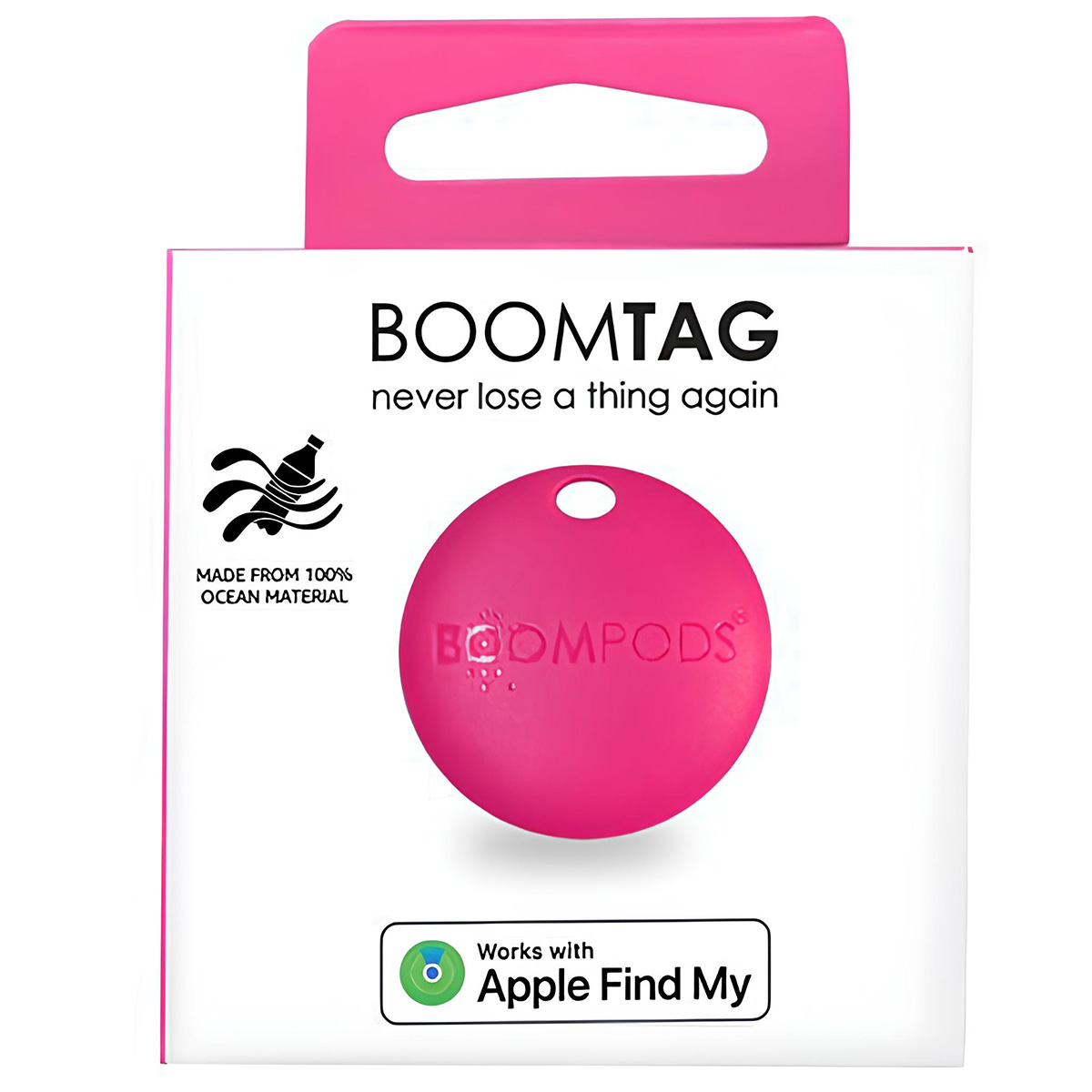 Różowy Boomtag na białym pudełku z napisem "nigdy więcej niczego nie zgub". Zawiera logo Apple Find My i wykonany z materiału oceanicznego.