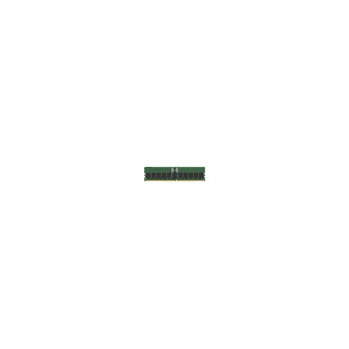 Un modulo RAM verde è centrato orizzontalmente. Ha diversi chip e connettori neri. Lo sfondo è bianco semplice.