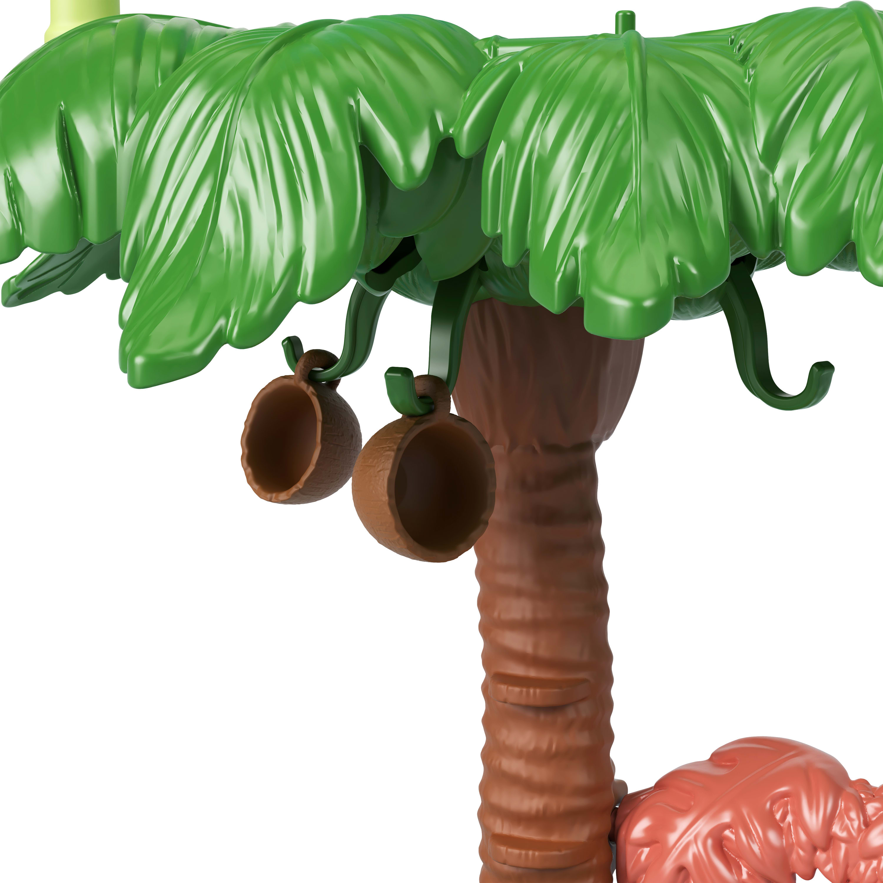 Ein Spielzeug-Palmenbaum aus Kunststoff mit grünen Blättern, braunen Kokosnüssen und Stamm sowie roter Basis.