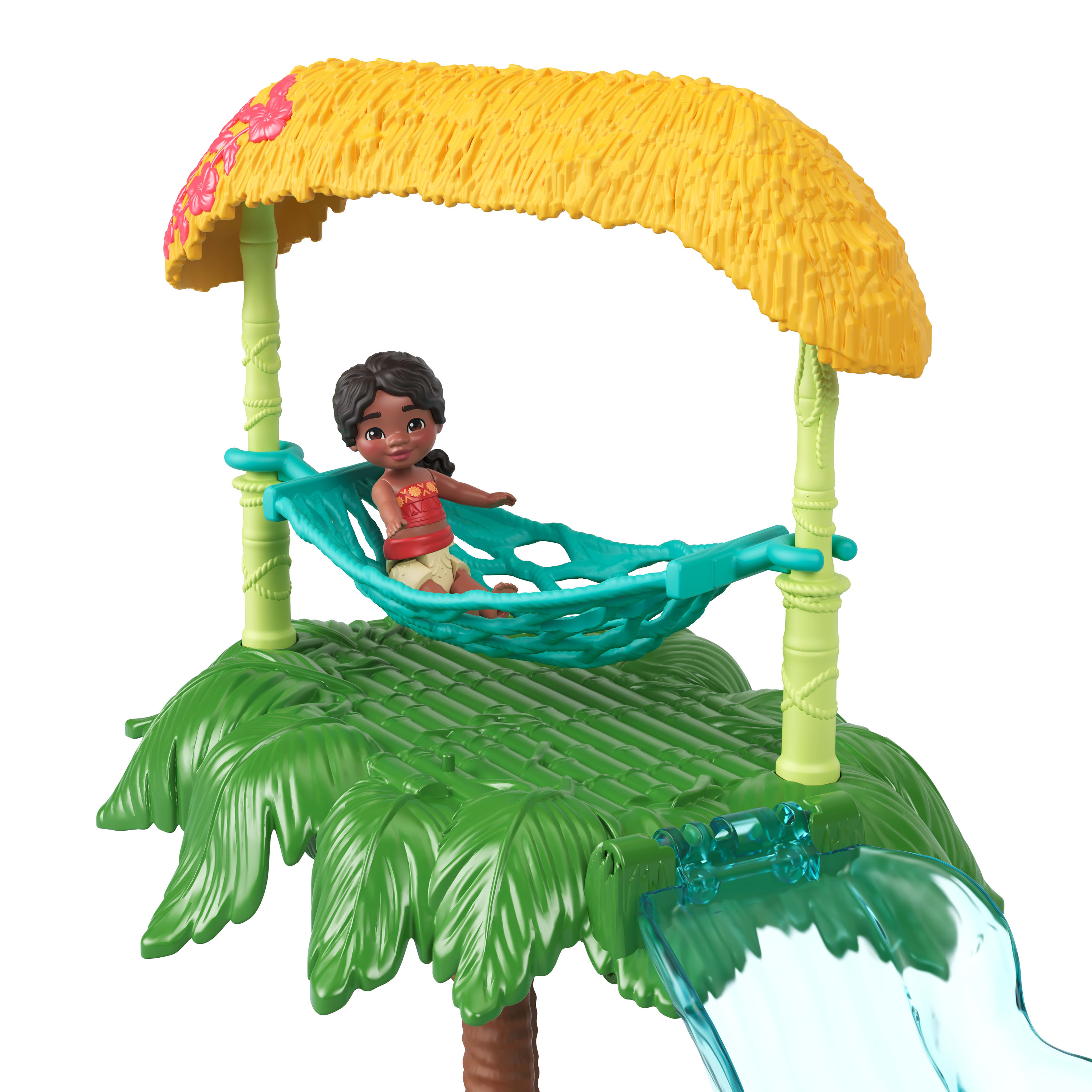 Spielzeugset mit einer Moana-Puppe in einer Hängematte unter einem gelben Dach mit rosa Blumen, auf einer Palme.