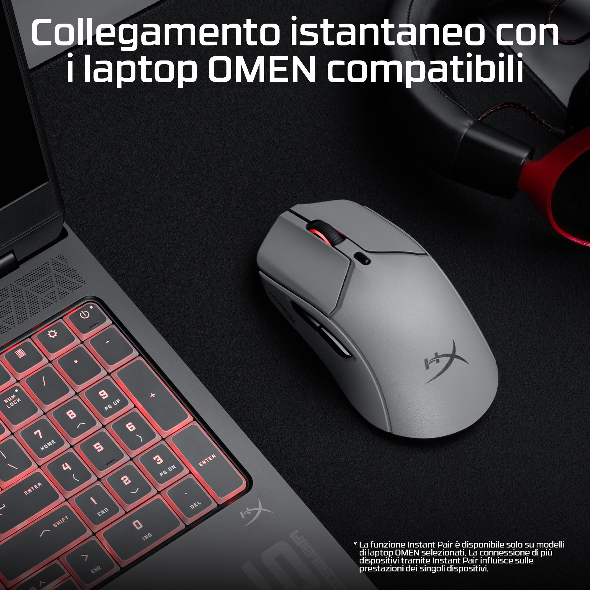 Szara mysz do gier i klawiatura laptopa na czarnej powierzchni. Klawiatura ma podświetlane na czerwono klawisze.