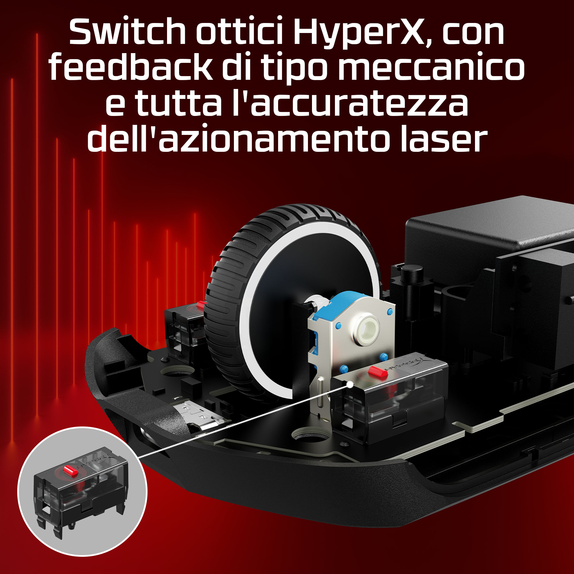 Zbliżenie czarno-niebieskiego urządzenia mechanicznego z kołem. Widoczne czerwone akcenty. Tekst po włosku u góry.