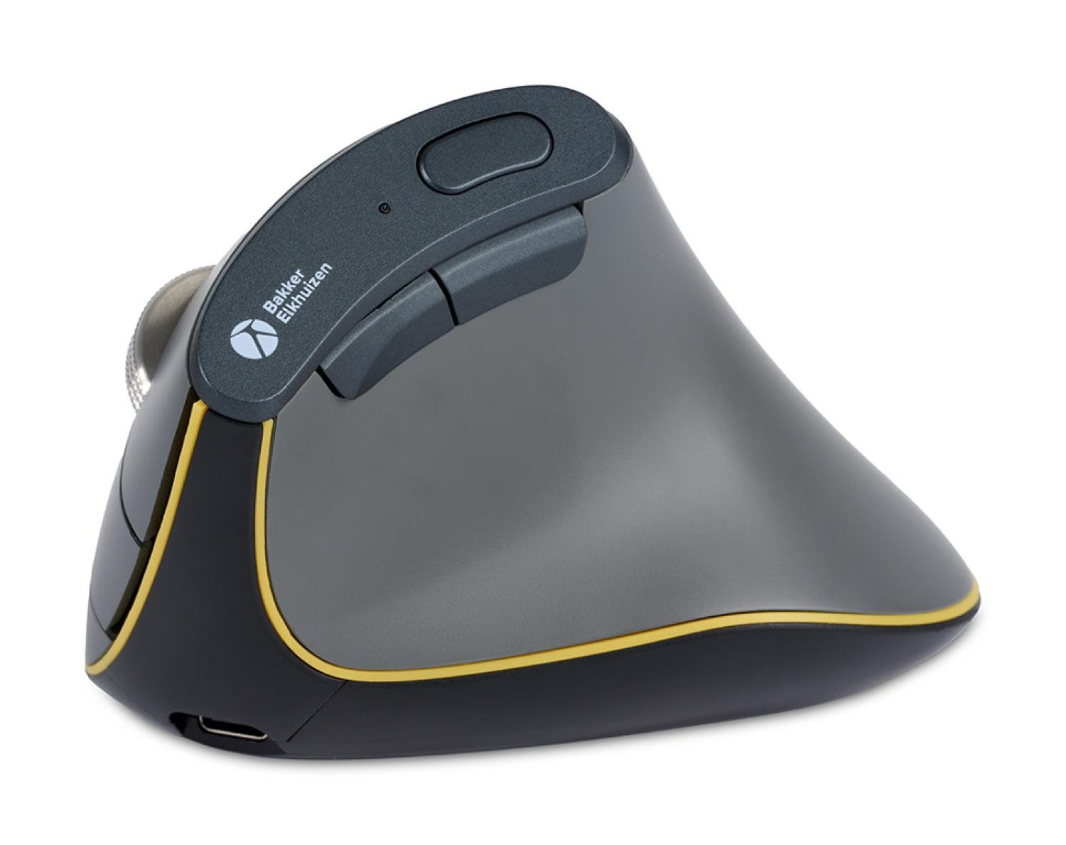 Ratón ergonómico para computadora. Gris y negro con detalles amarillos. Con botones y un logotipo. Aislado sobre fondo blanco.