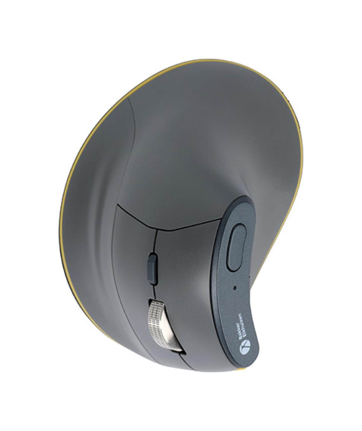 Ratón de computadora gris ergonómico con borde amarillo. Tiene rueda de desplazamiento, botones y un logotipo lateral.