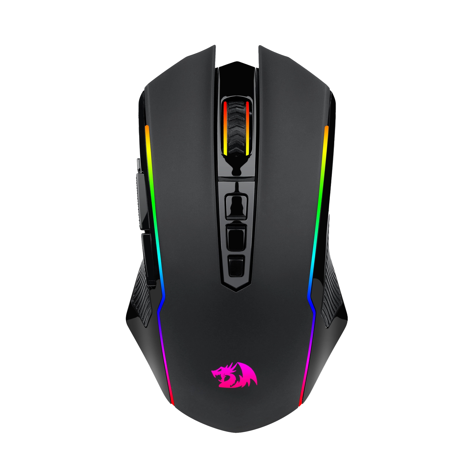 Ratón gaming negro con iluminación RGB. Cuenta con botones, una rueda de desplazamiento y un logotipo de dragón. Aislado sobre fondo blanco.