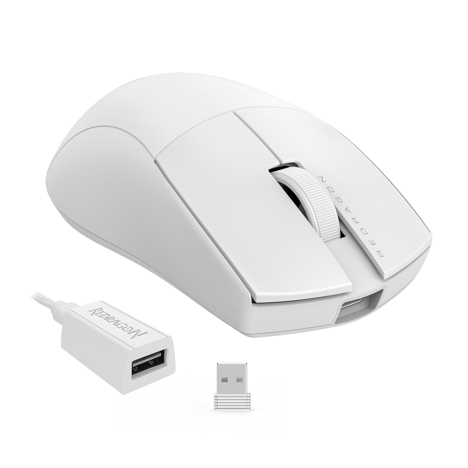 Souris gaming Redragon blanche avec récepteur USB et câble. Souris avec molette et logo.
