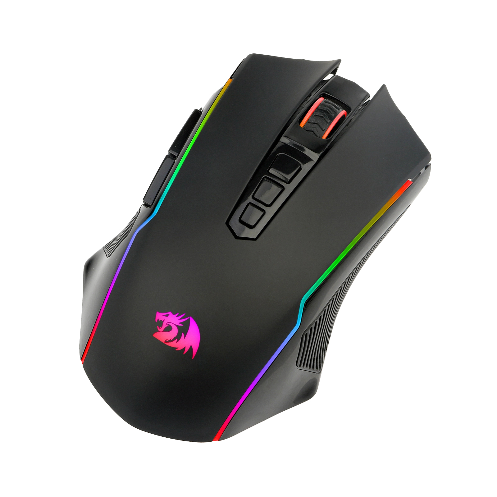Ratón gaming negro con iluminación RGB, logotipo Redragon y múltiples botones. Aislado sobre fondo blanco.