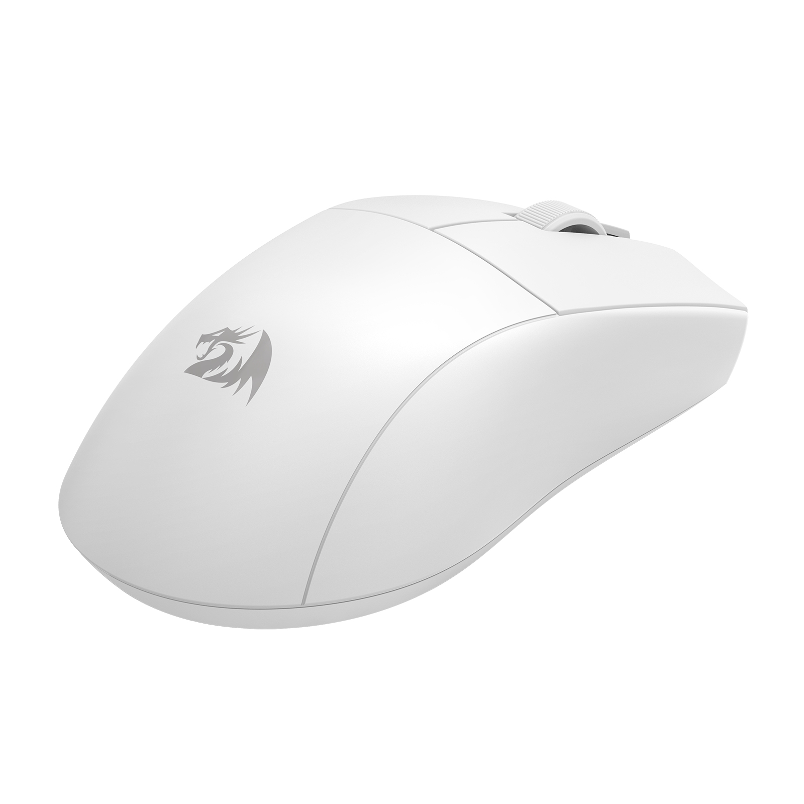 Une souris gaming Redragon blanche. Comprend une molette, deux boutons et un logo. Le fond est blanc.
