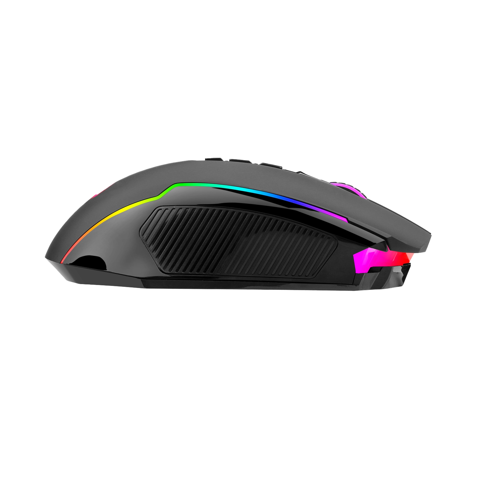 Ratón gaming negro con iluminación RGB. Tiene botones, agarres laterales y un diseño elegante.