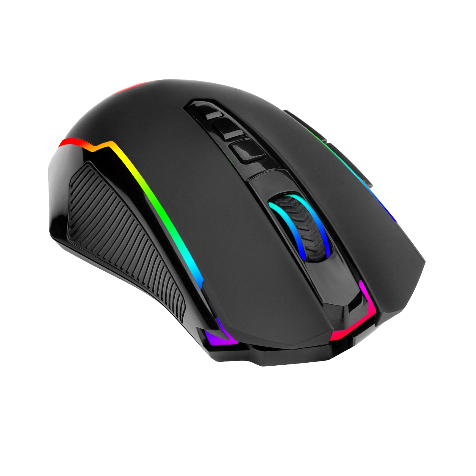 Un ratón gaming negro con iluminación RGB, botones y una rueda de desplazamiento, sobre fondo blanco.