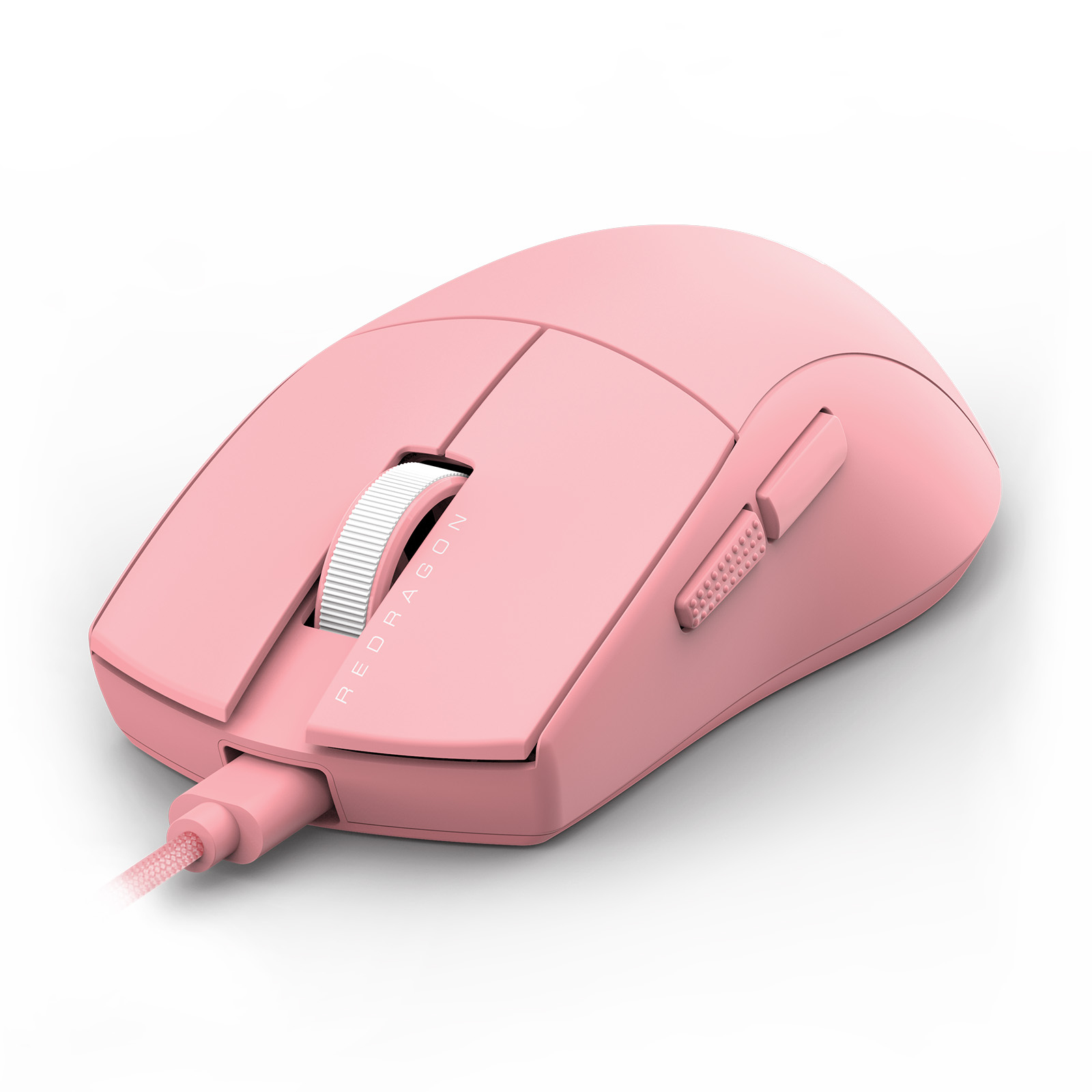 Un ratón gaming Redragon rosa. Cuenta con una rueda de desplazamiento, botones laterales y un cable trenzado sobre un fondo blanco.