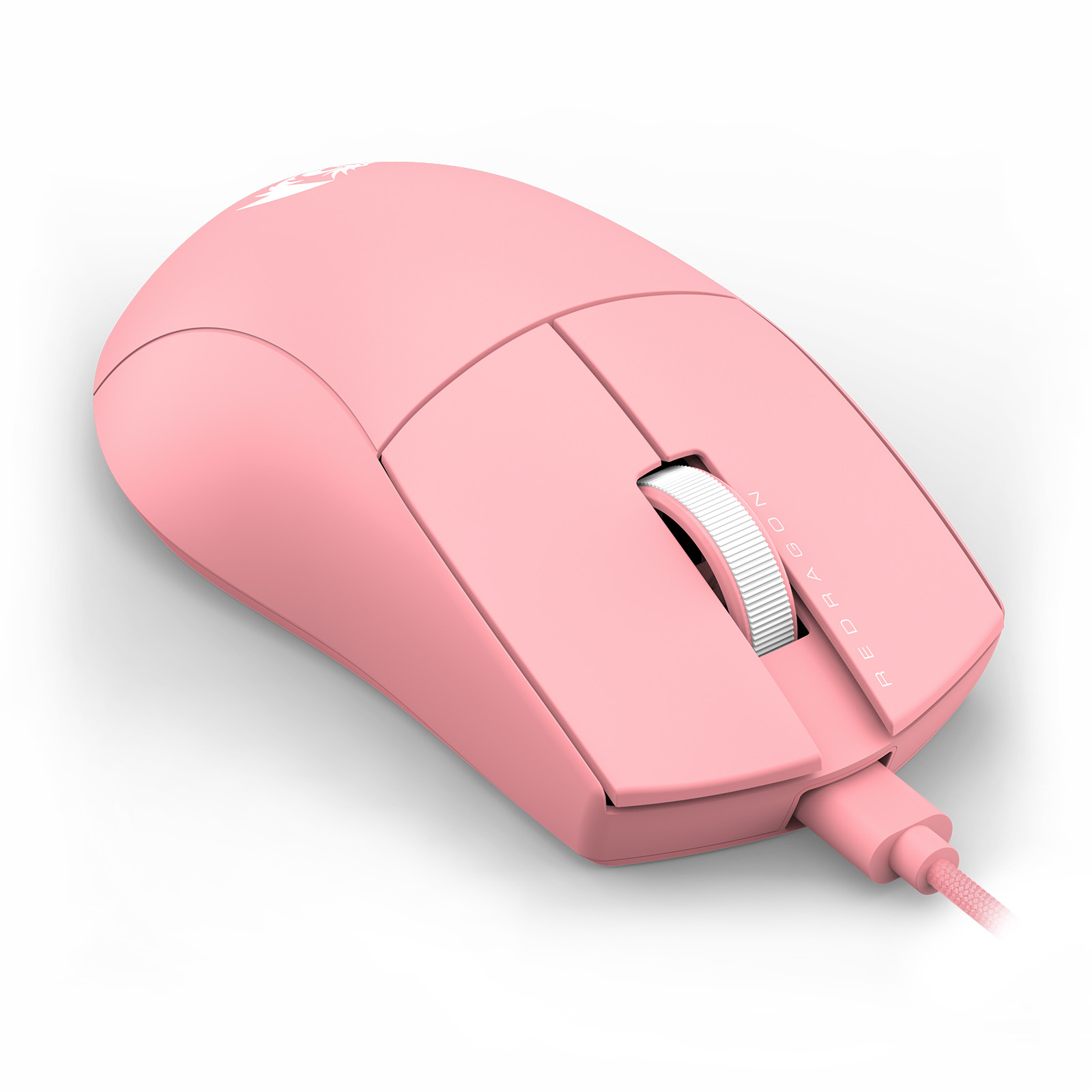 Un ratón gaming rosa Redragon. Tiene una rueda de desplazamiento y conexión por cable. El fondo es blanco.