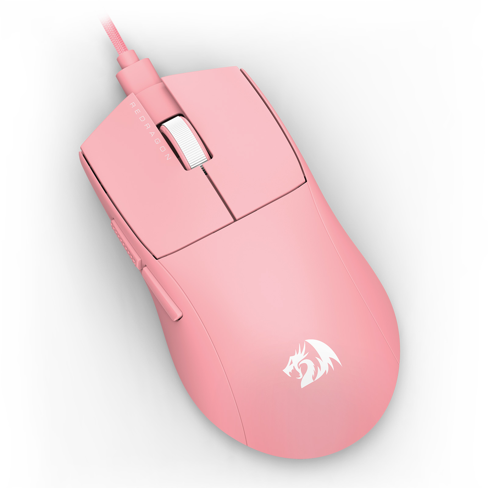 Un ratón gaming Redragon rosa sobre fondo blanco. Tiene cable. El ratón tiene rueda de desplazamiento y botones.