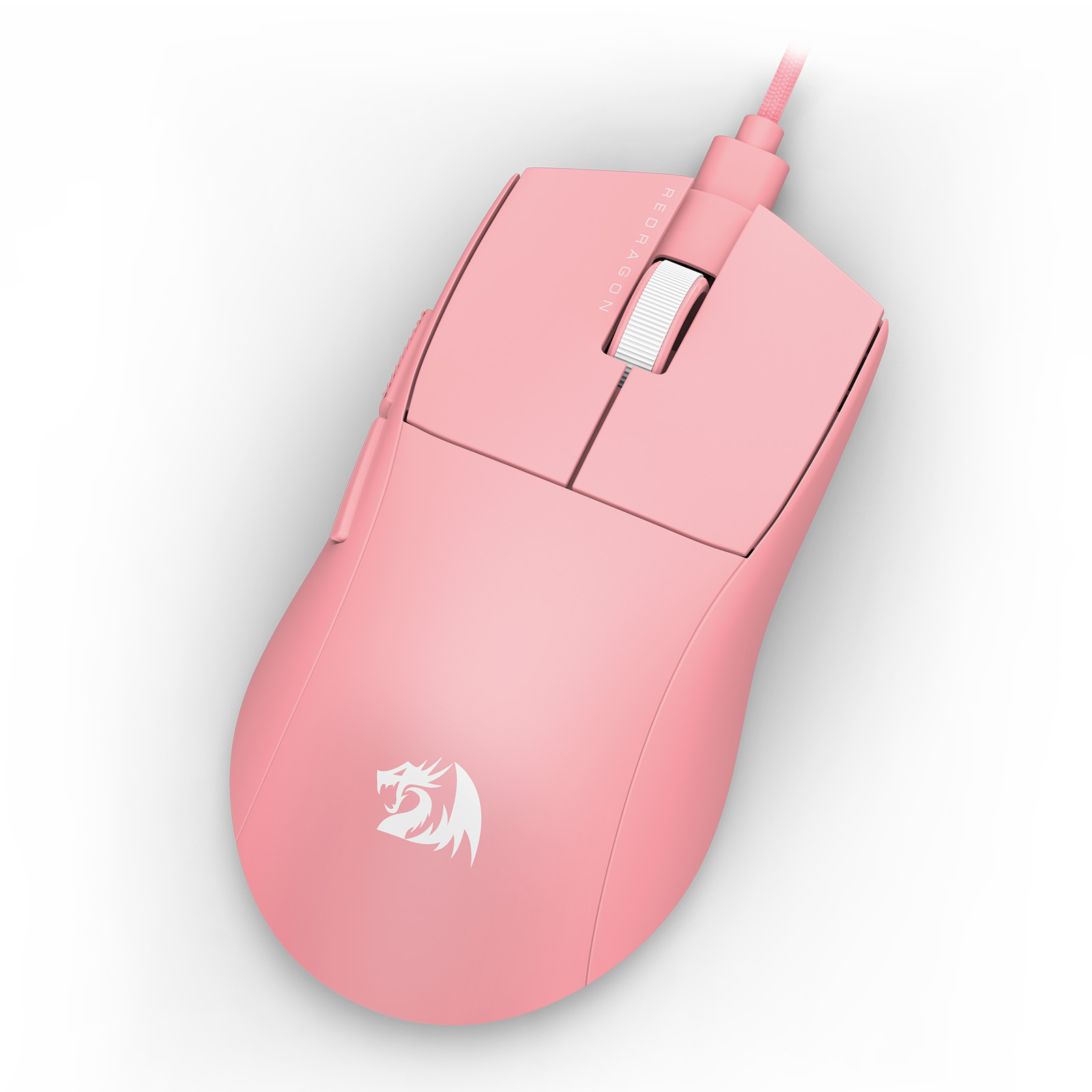 Ratón gaming Redragon rosa sobre fondo blanco. Cuenta con rueda, botones y el logo de Redragon.