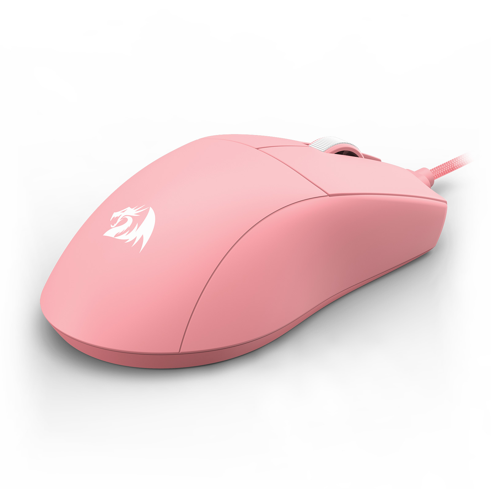 Un ratón gaming Redragon rosa sobre fondo blanco. Tiene rueda de desplazamiento y cable.