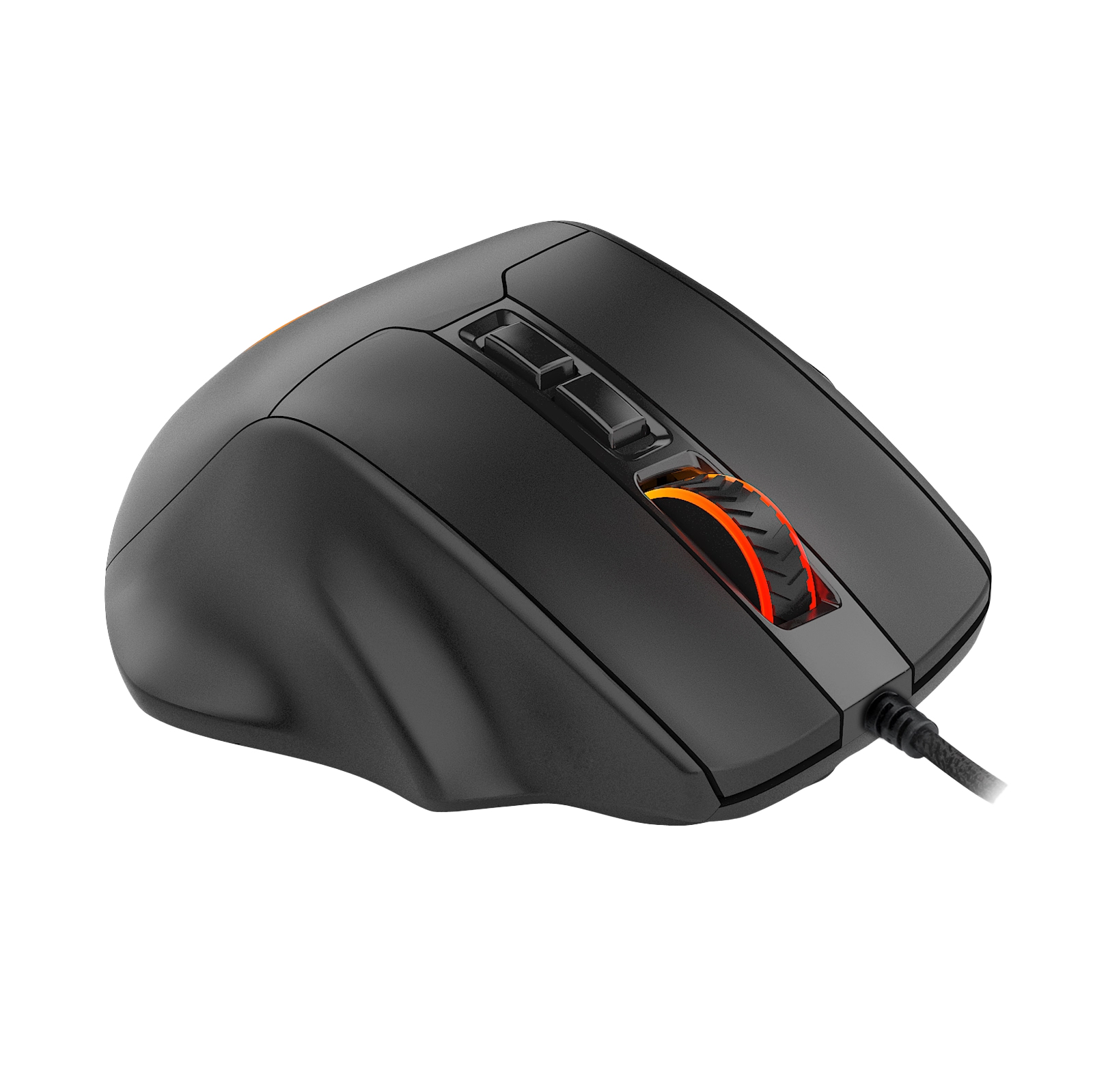 Mouse da gioco nero con dettagli arancioni. Ha pulsanti, una rotella di scorrimento e un cavo intrecciato. Isolato su bianco.