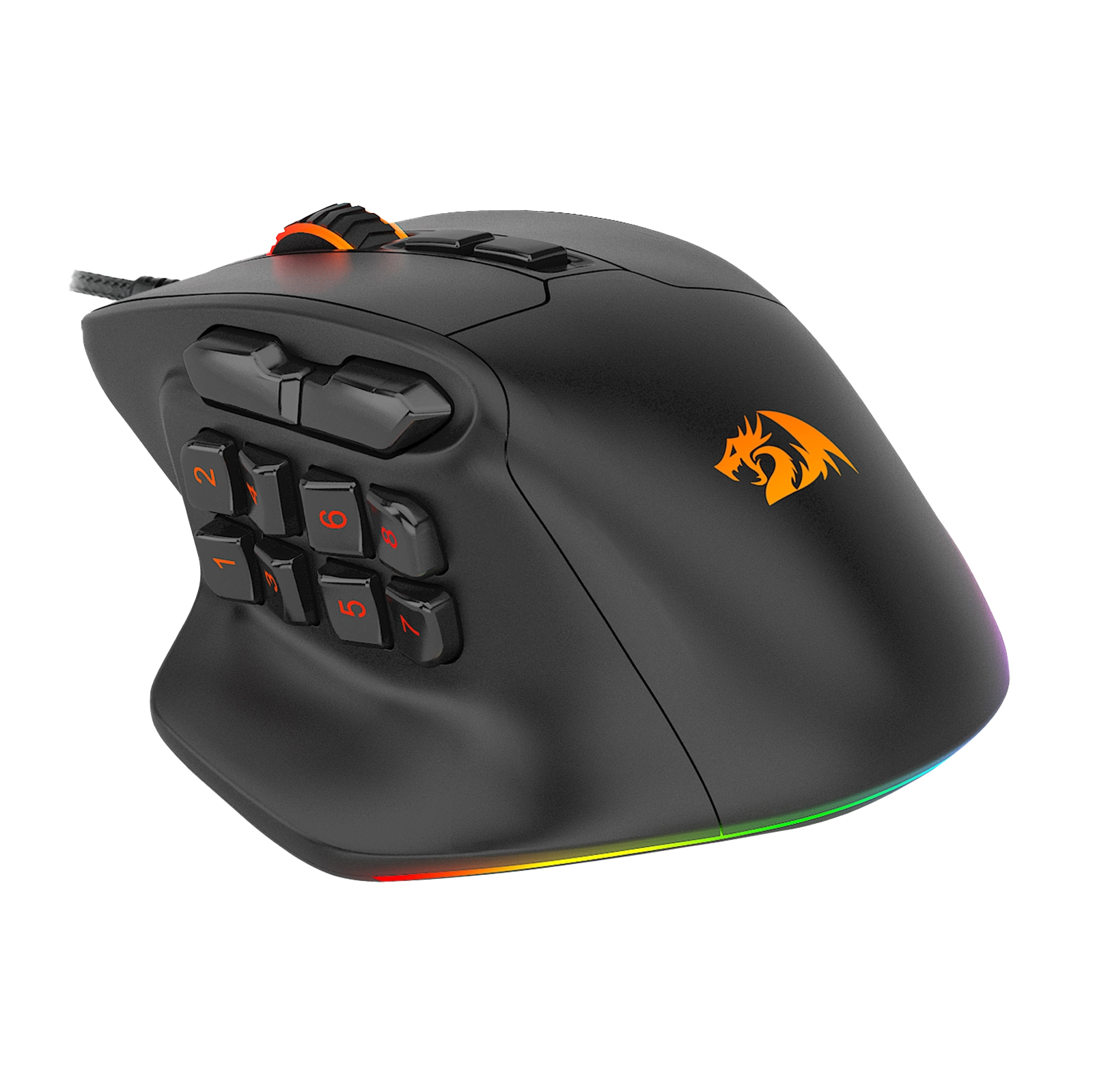 Mouse da gioco nera con più pulsanti, bordo luminoso e logo arancione. Numeri 1-7 visibili sui pulsanti laterali.