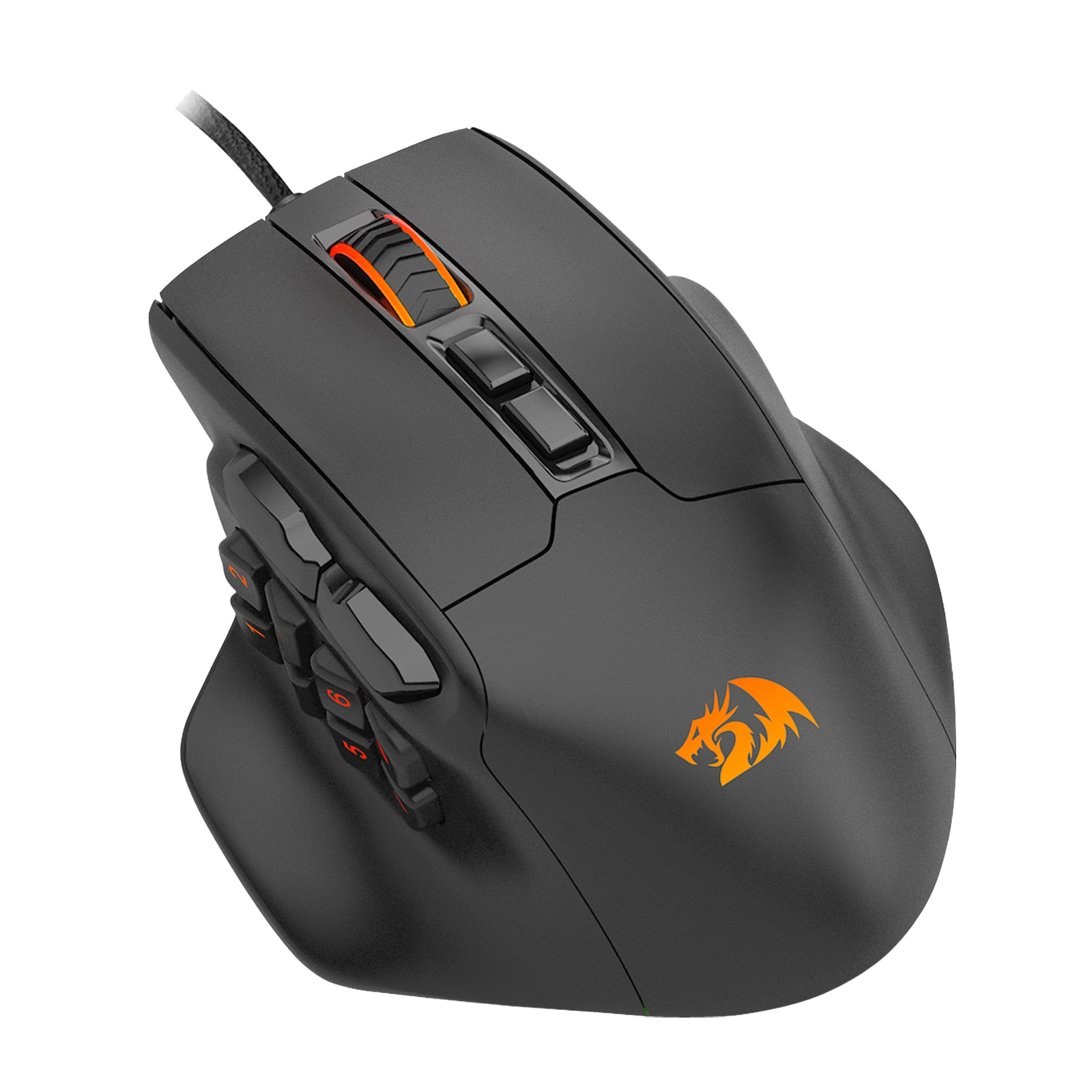 Un mouse da gioco nero con più pulsanti. Ha un logo e dettagli arancioni. Il mouse è su sfondo bianco.
