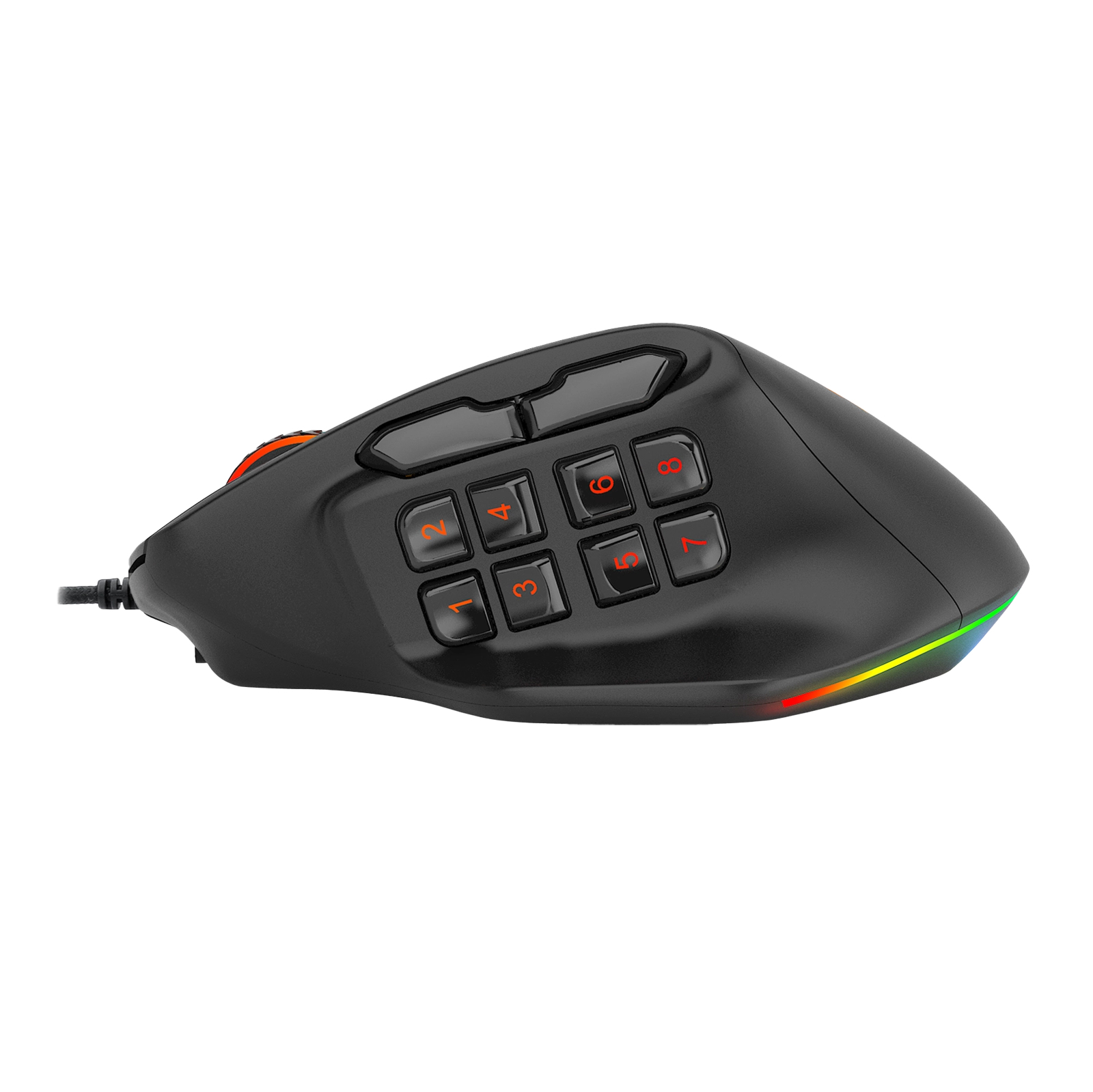 Un mouse da gioco nero con tasti numerici. Ha l'illuminazione rossa sui tasti e sul fondo. È su sfondo bianco.