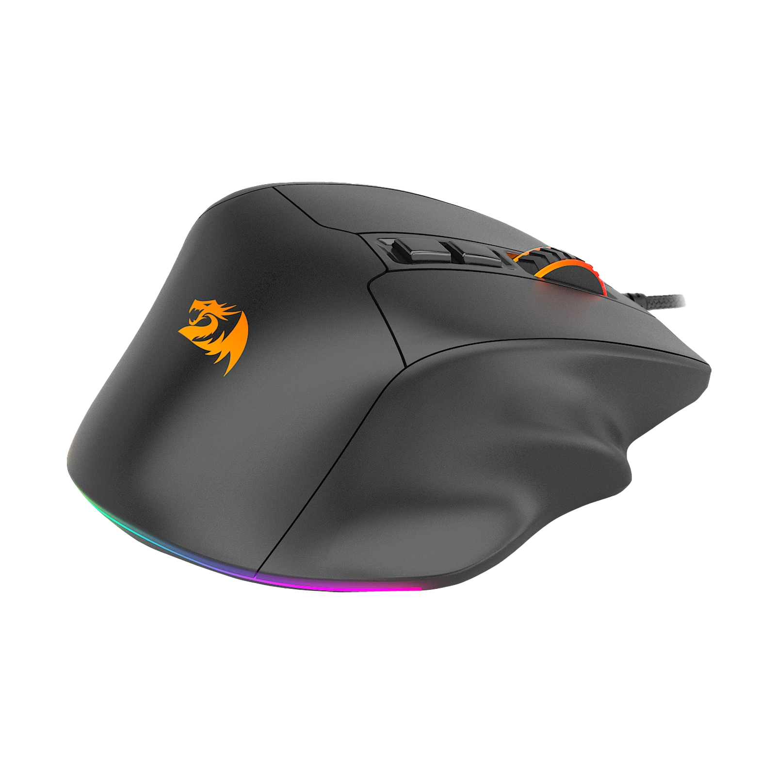 Un mouse da gaming nero con logo drago arancione e illuminazione RGB. Ha pulsanti, una rotella e un cavo intrecciato.