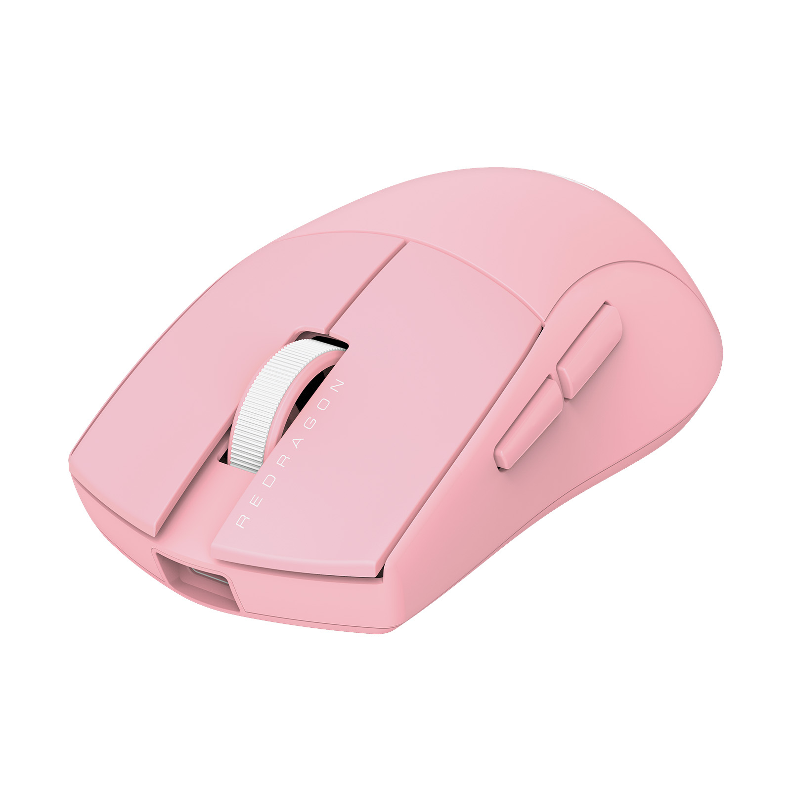 A pink Redragon gaming mouse on a white background. It has a scroll wheel, buttons, and the brand name on it.