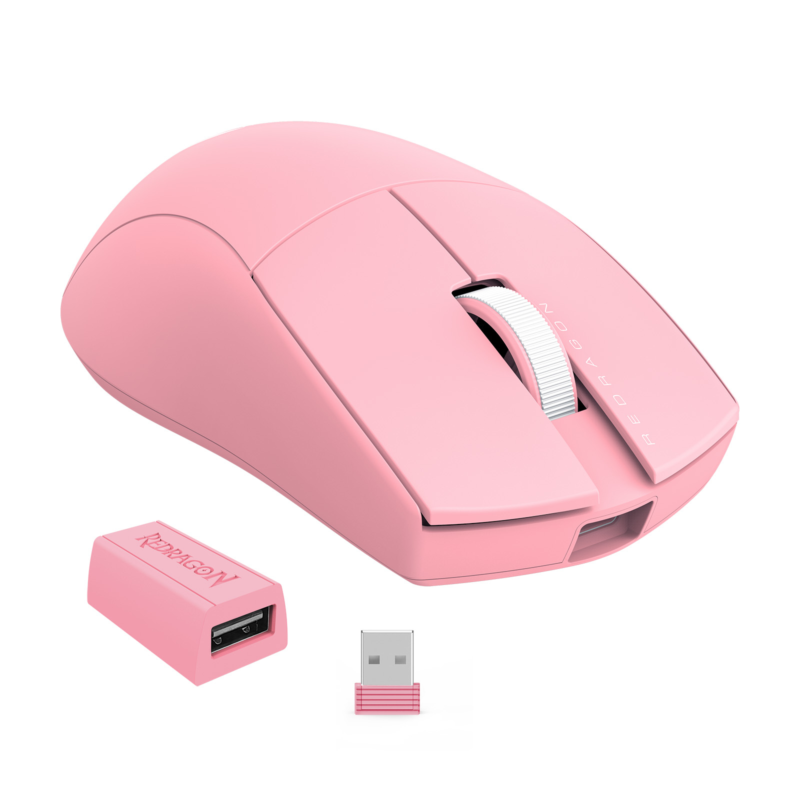 A pink Redragon wireless mouse and its USB receiver. The mouse has a scroll wheel and buttons. The receiver is also pink.