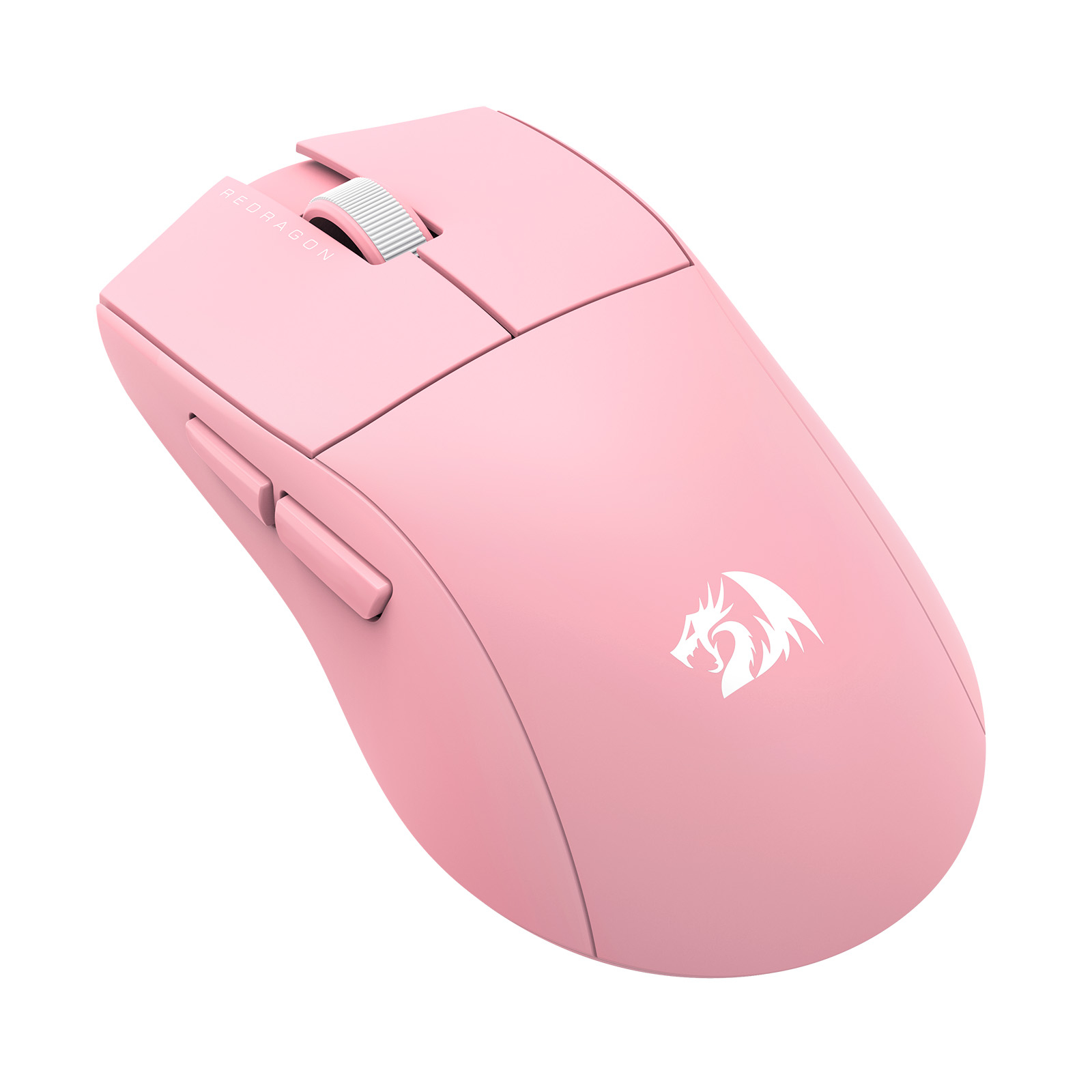 Pink Redragon gaming mouse. It has a scroll wheel, side buttons, and a logo. The background is white.