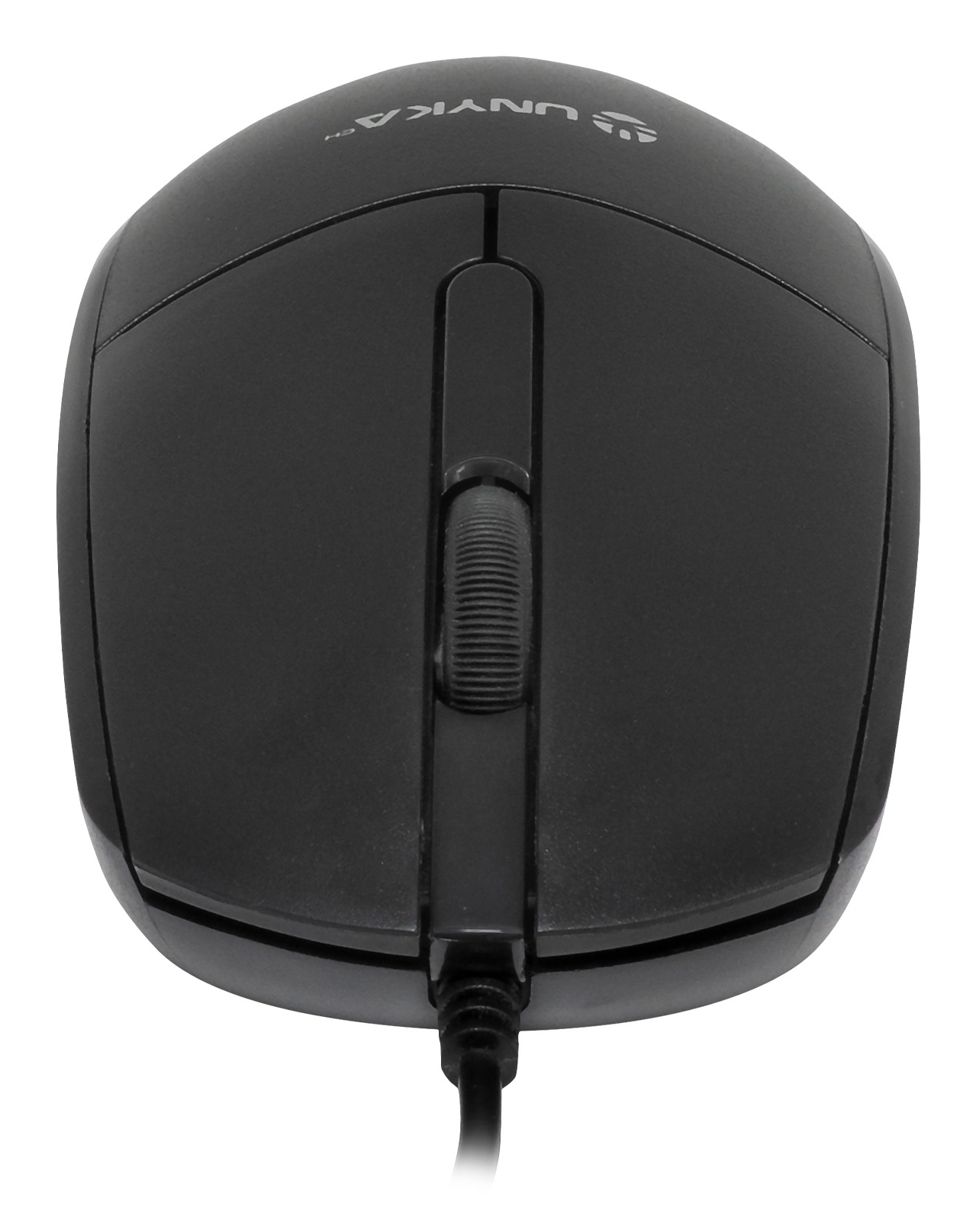Un mouse per computer nero con una rotella e un cavo. Il marchio 'UNYKA' è visibile.
