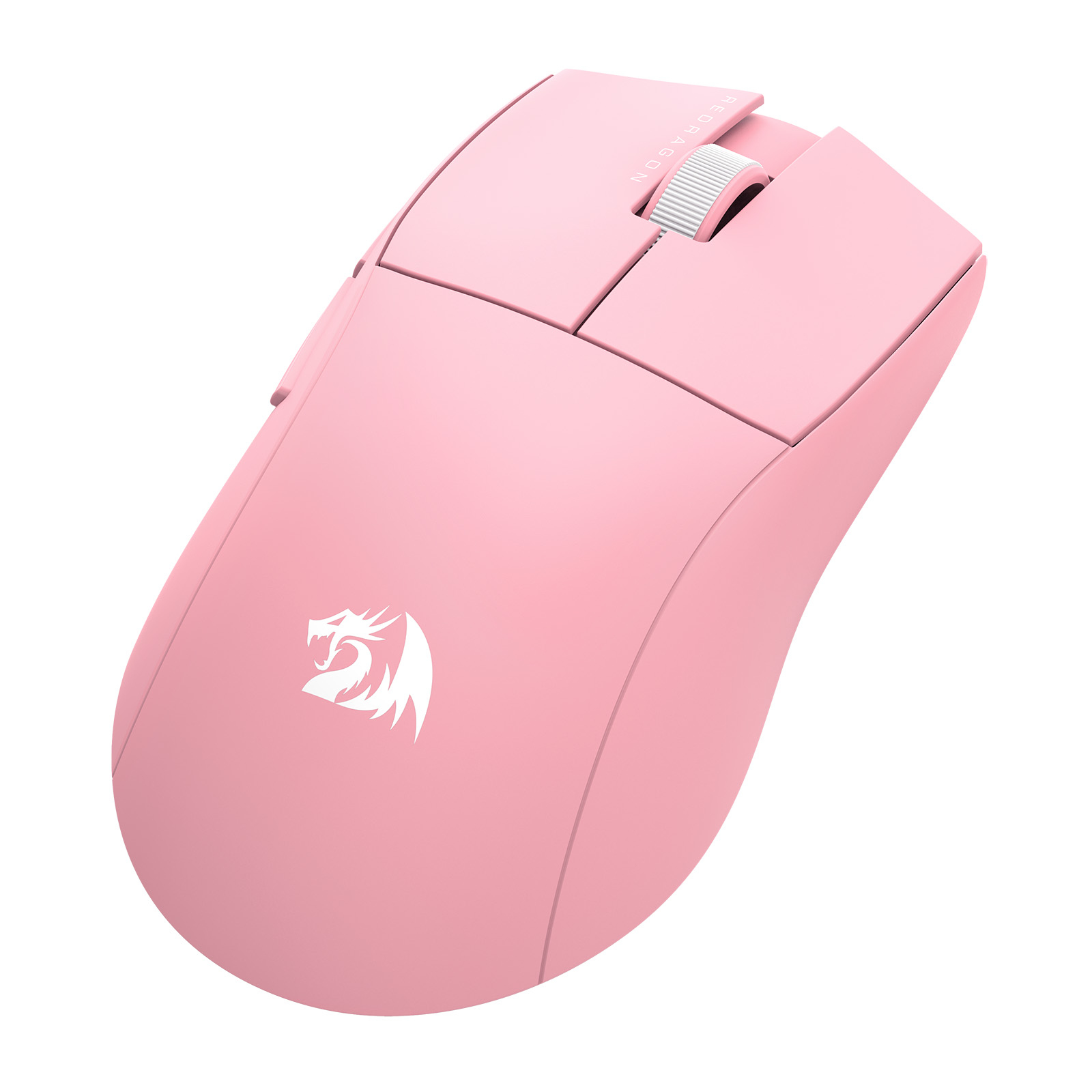Pink Redragon wireless mouse on white background. Features scroll wheel, side buttons, and logo.